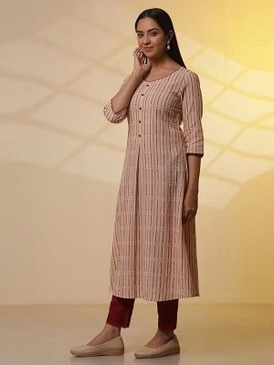 Almond Beige Printed Flared Kurta, Trousers and Dupatta Set - Image 3