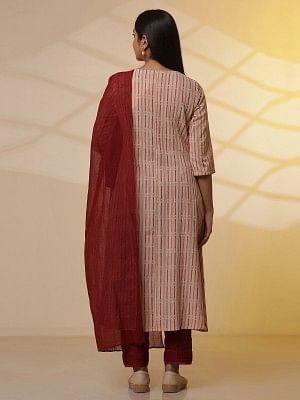 Almond Beige Printed Flared Kurta, Trousers and Dupatta Set - Image 4