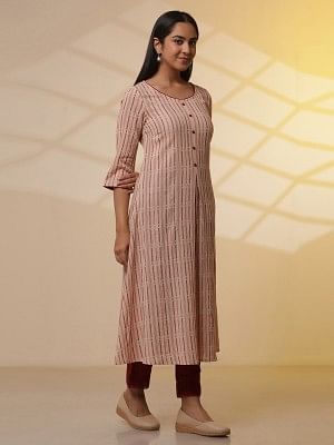 Almond Beige Printed Flared Kurta, Trousers and Dupatta Set - Image 5