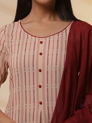 Almond Beige Printed Flared Kurta, Trousers and Dupatta Set - Image 6