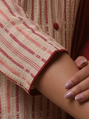 Almond Beige Printed Flared Kurta, Trousers and Dupatta Set - Image 7