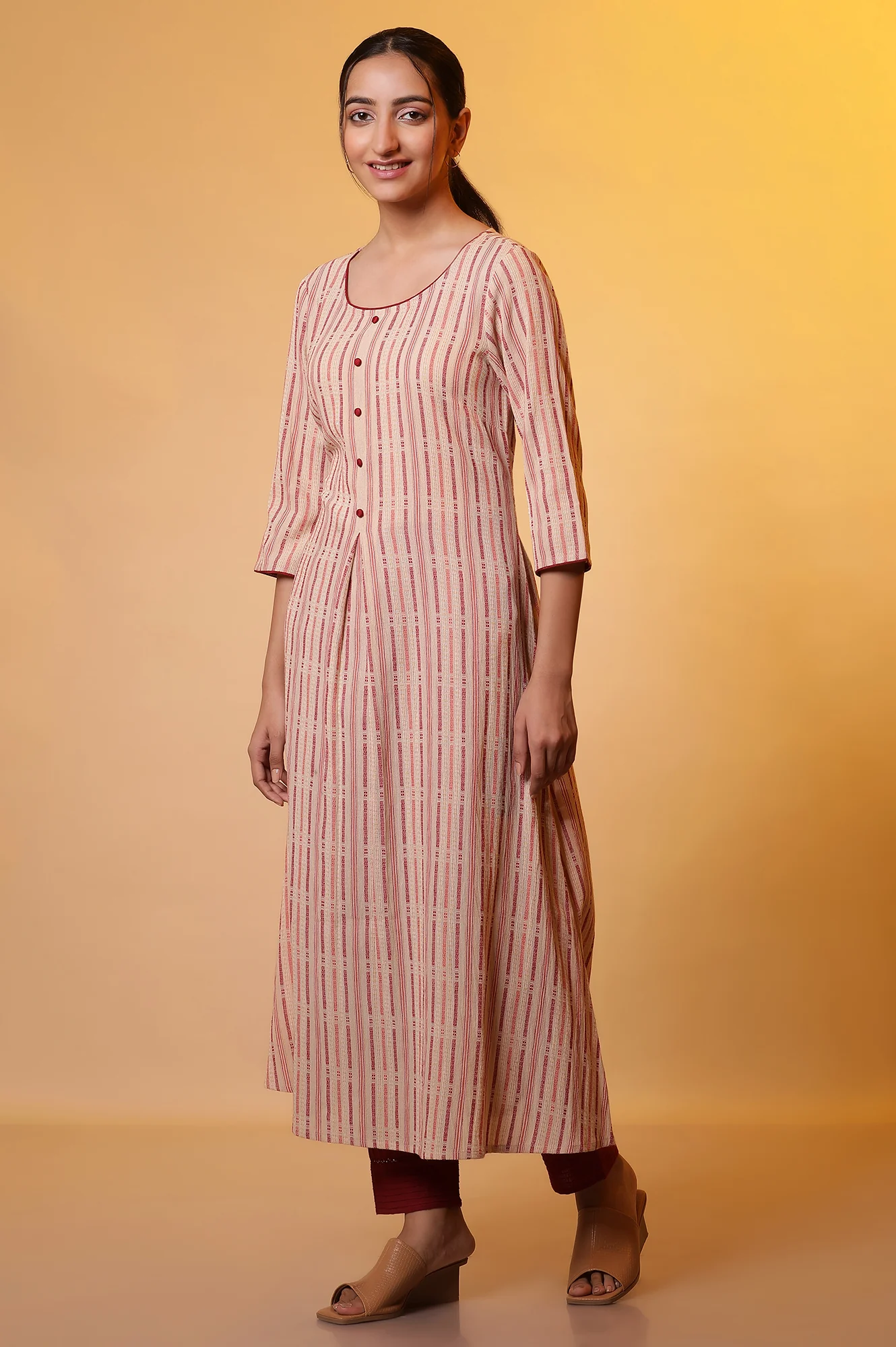 Almond Beige Stripe Flared Kurta - Image 3