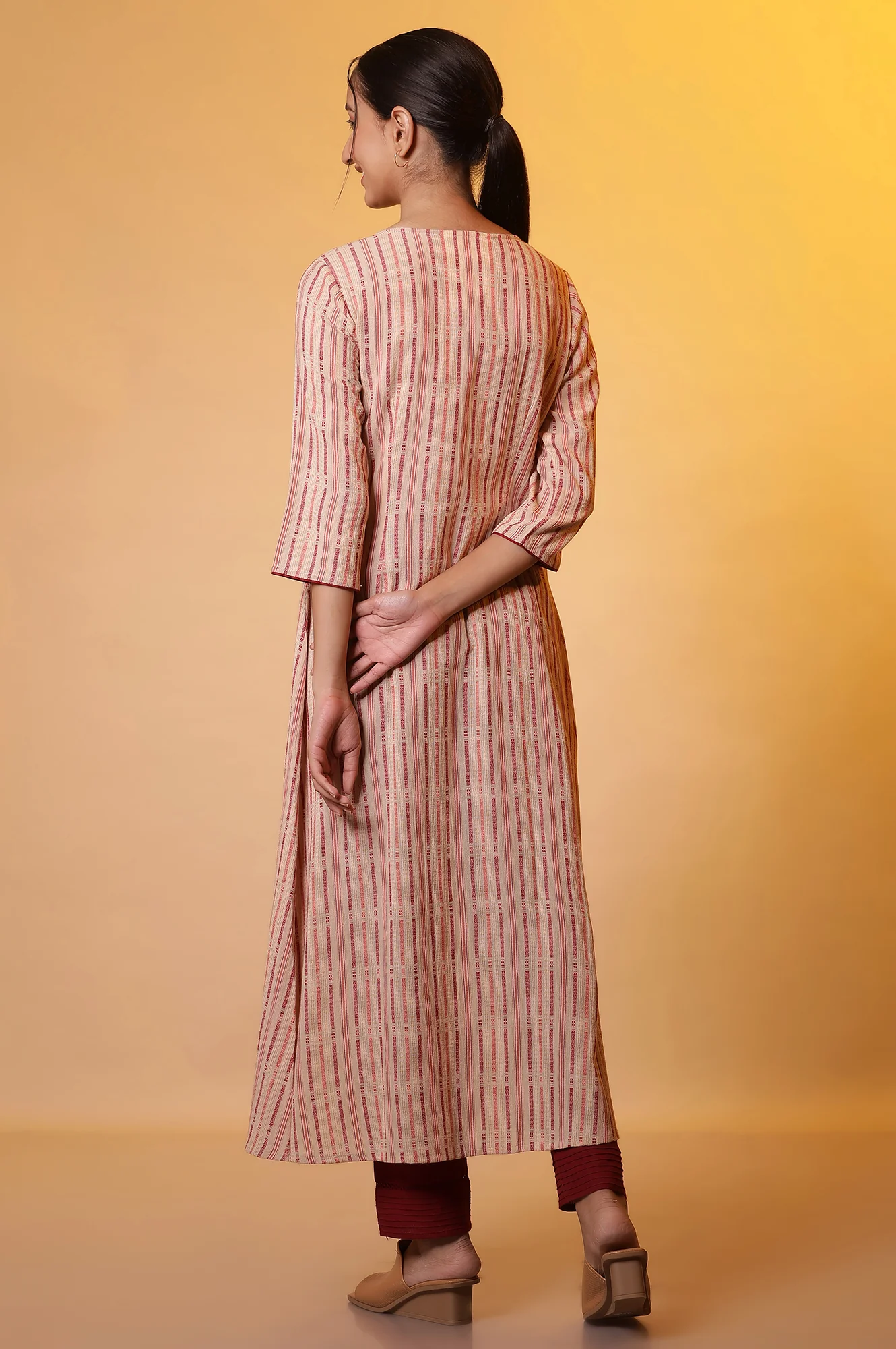Almond Beige Stripe Flared Kurta - Image 4