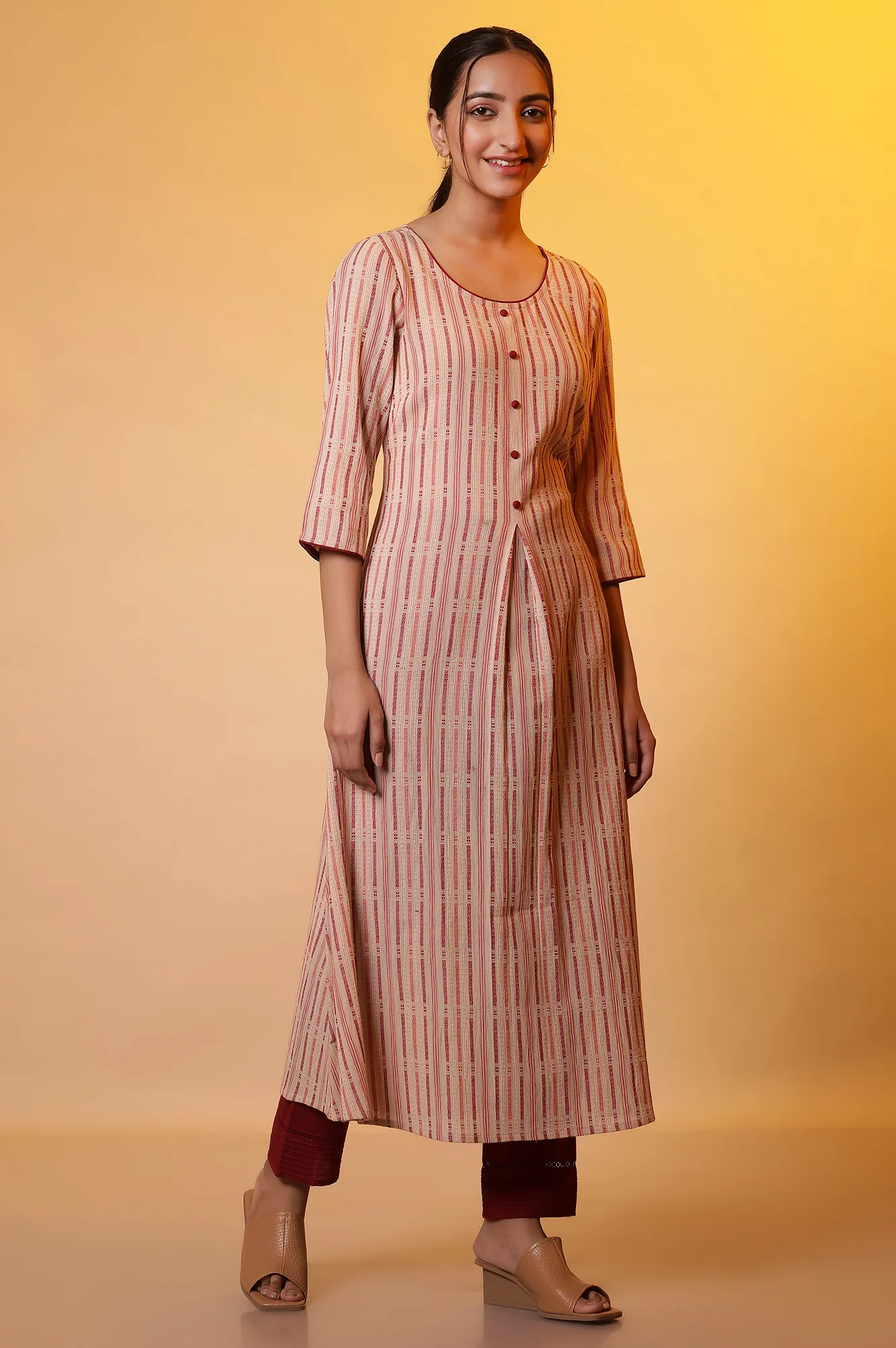 Almond Beige Stripe Flared Kurta - Image 5
