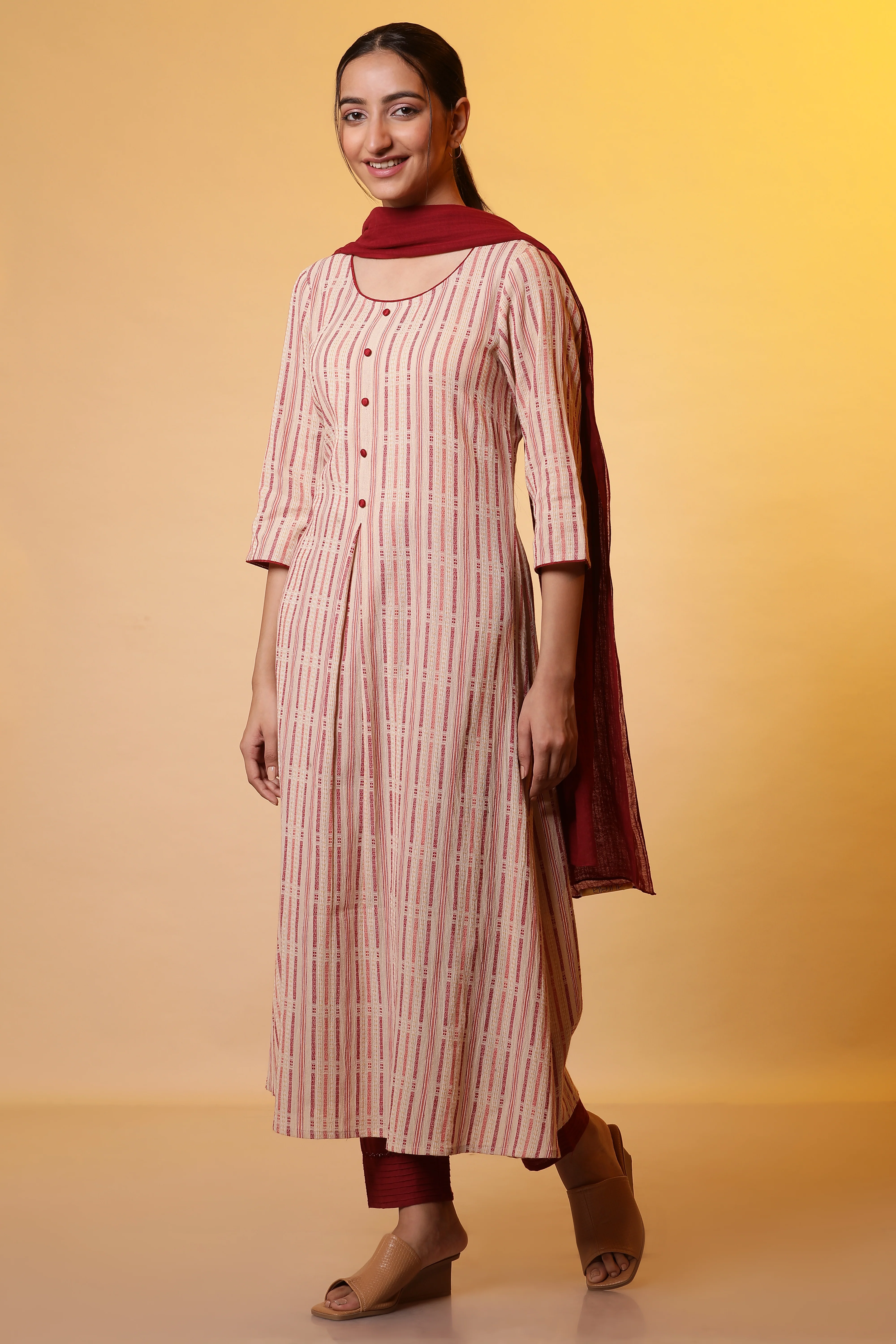 Almond Beige Stripe Flared Kurta - Image 6