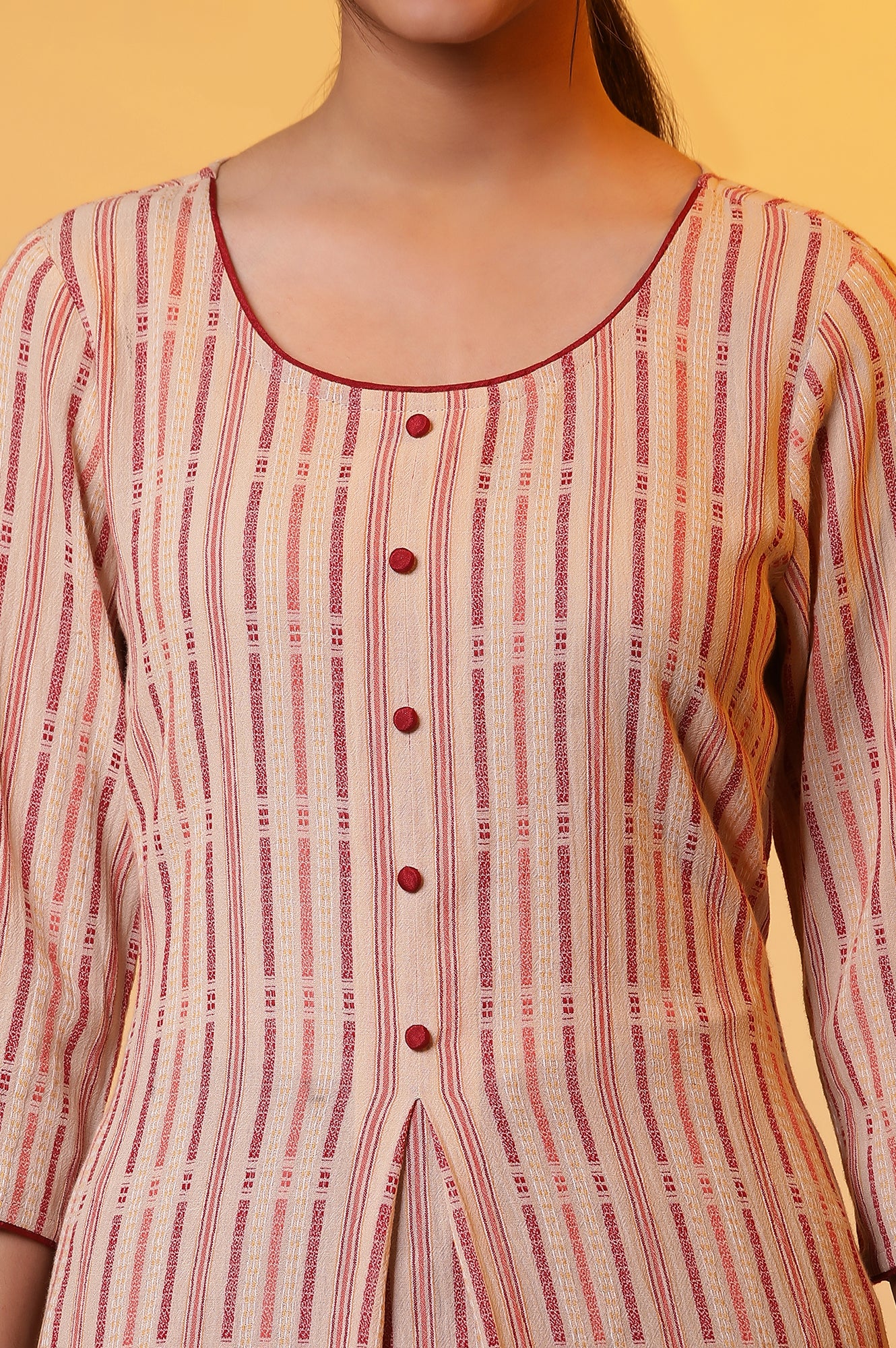 Almond Beige Stripe Flared Kurta - Image 7