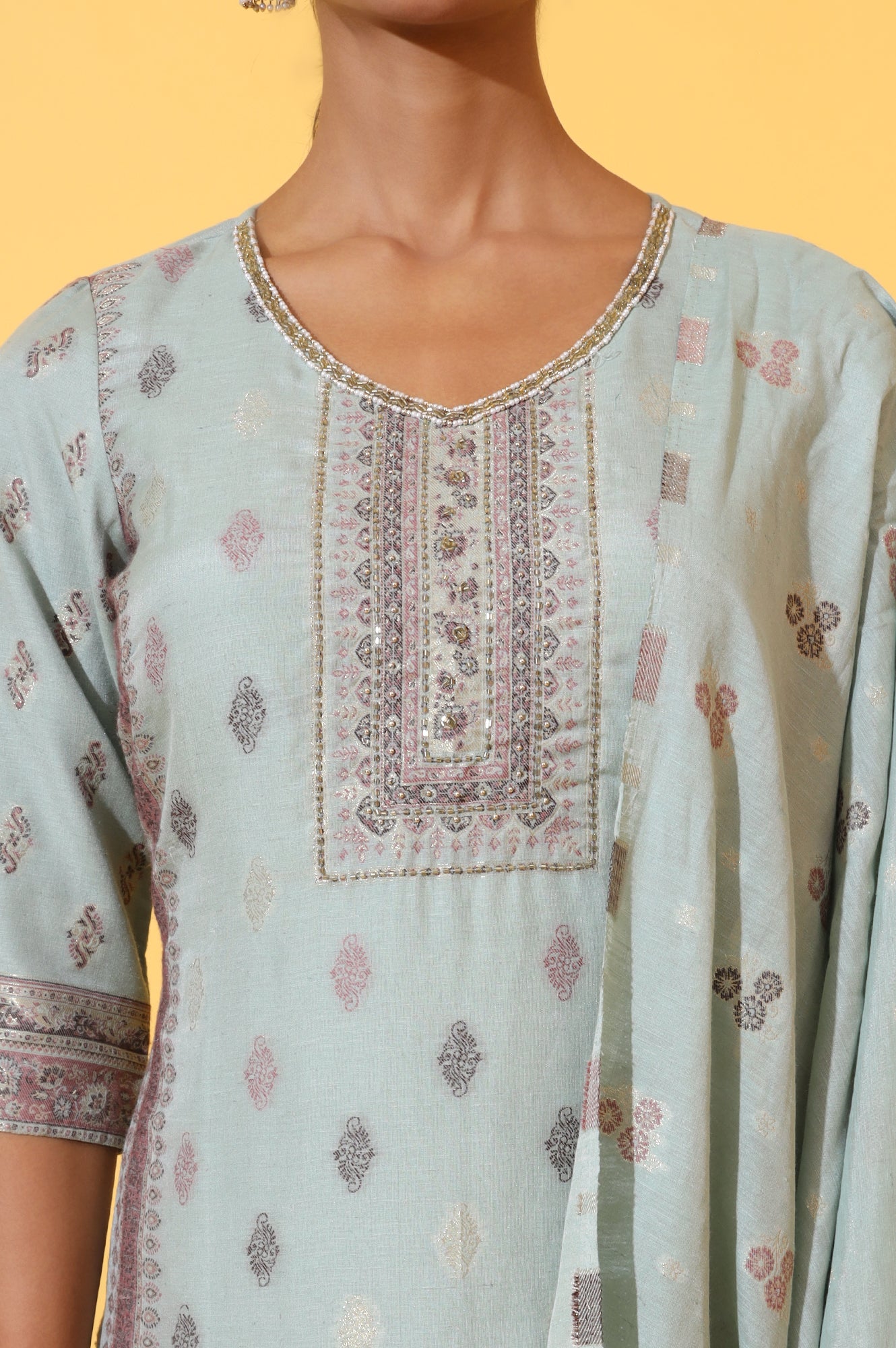 Aqua Green Jacquard Embroidered Straight Kurta, Palazzo and Dupatta Set - Image 3