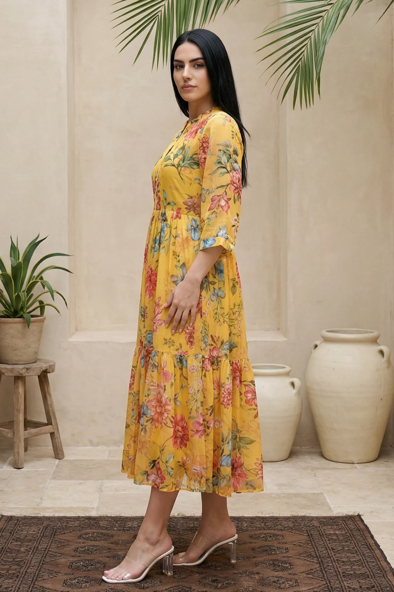 Yellow Floral Printed Flared Dress - Image 3