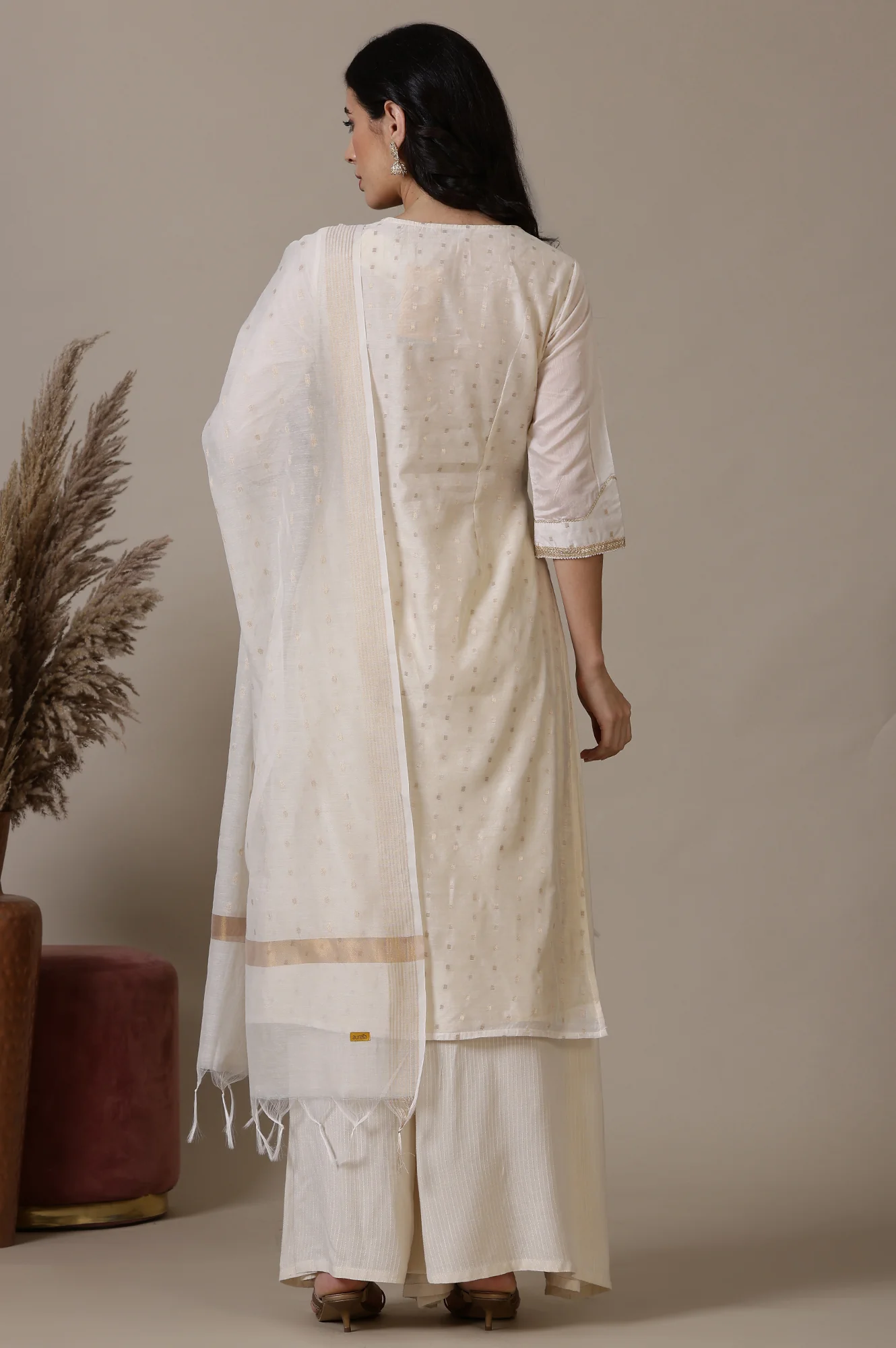 Beige A-line Jacquard Kurta, Palazzos and Dupatta Set - Image 5