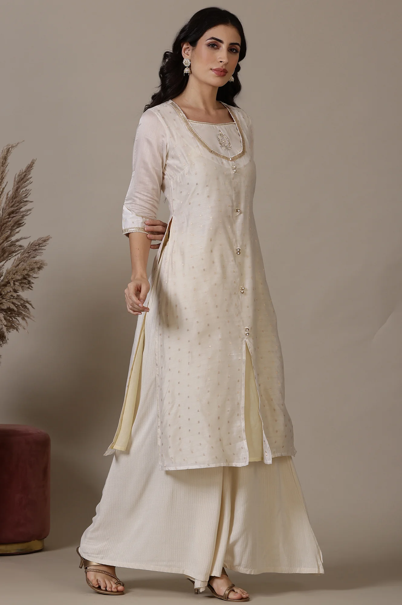 Beige A-line Jacquard Kurta, Palazzos and Dupatta Set - Image 6