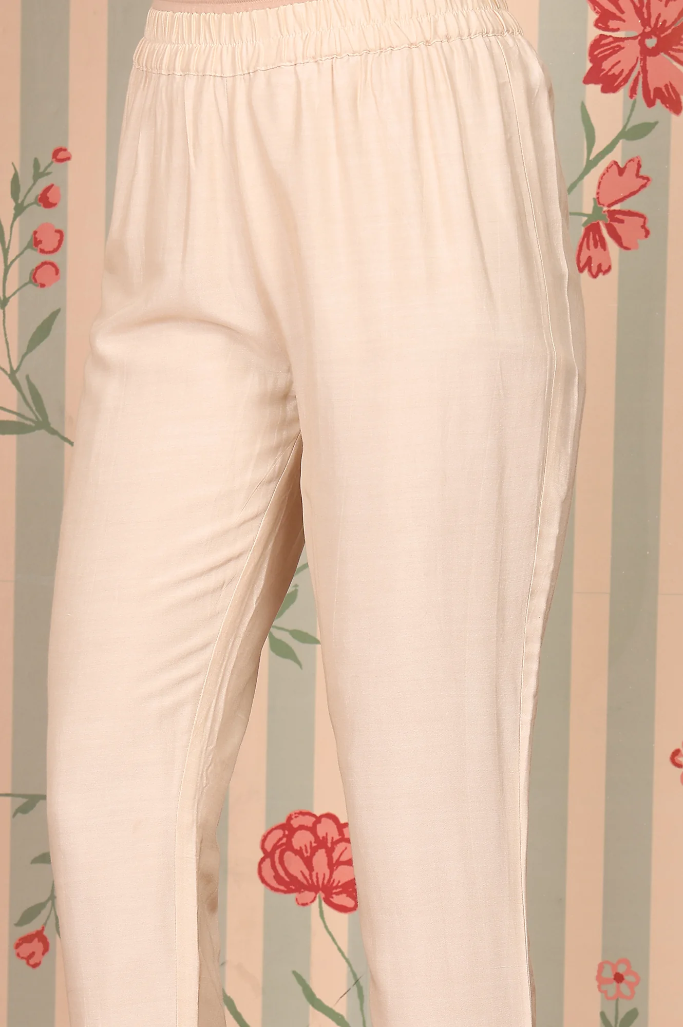 Beige Abstract Printed Embroidered Kurta, Trousers and Dupatta Set - Image 10
