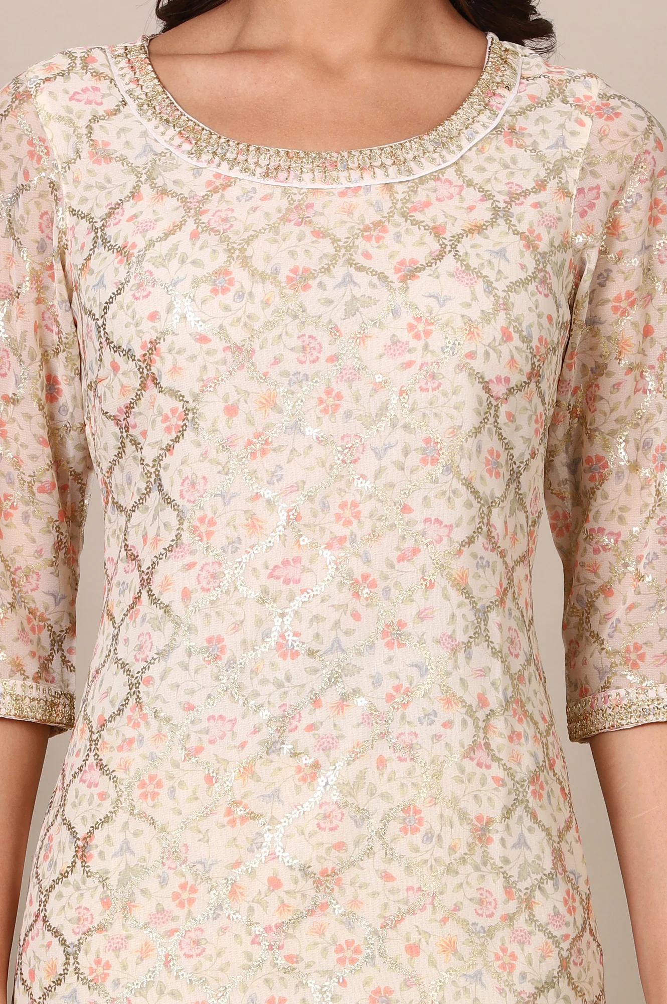 Beige Abstract Printed Georgette Kurta with Embellished Neck - Image 3