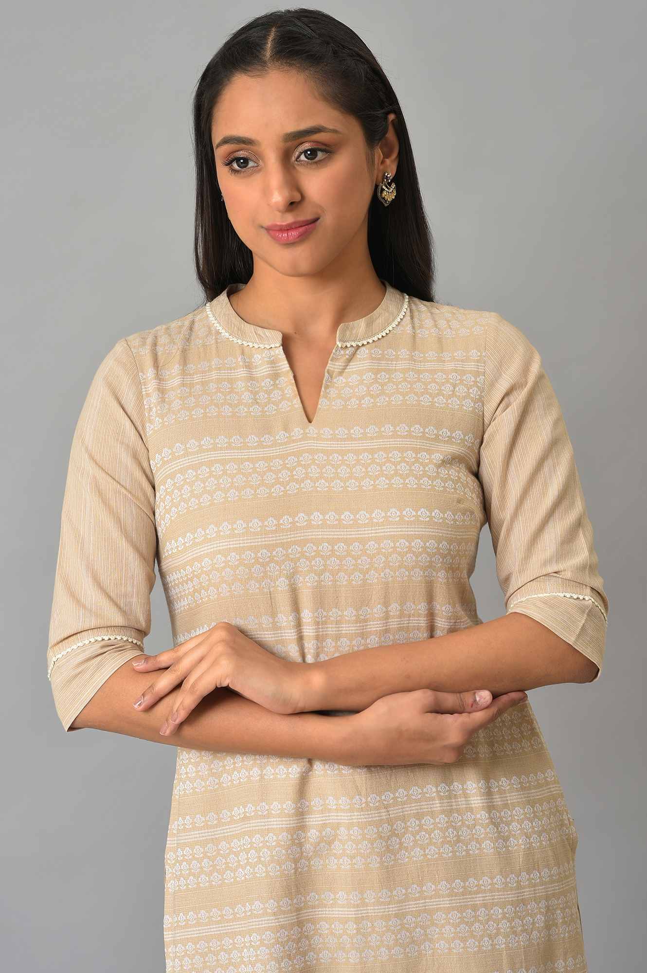 Beige Cotton Dobby Printed Kurta - Image 5