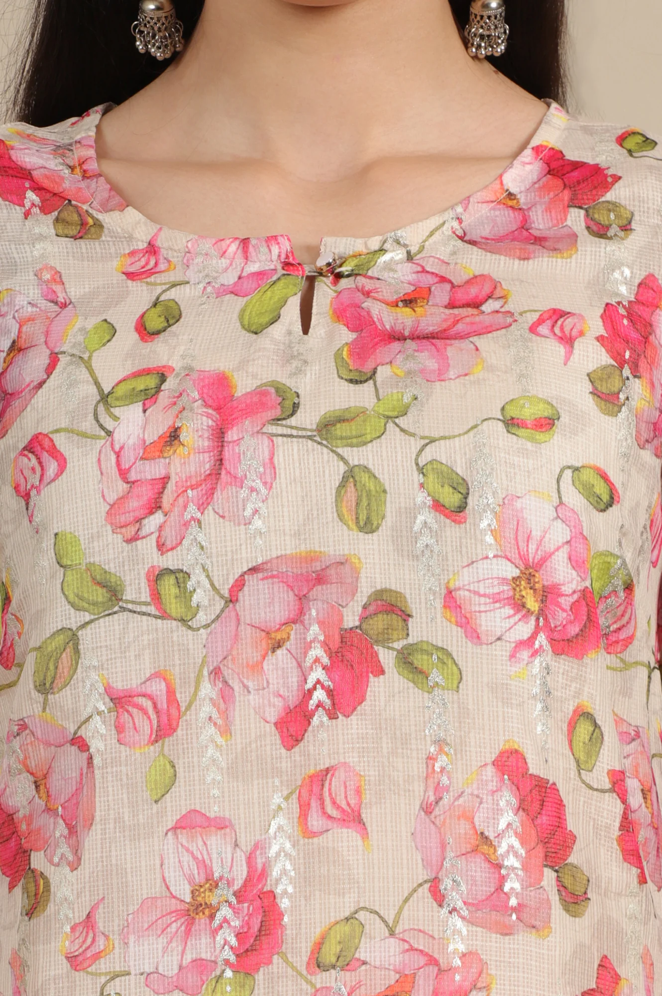 Beige Digital and Foil Floral Printed Sheer A-line Kota Kurta - Image 4