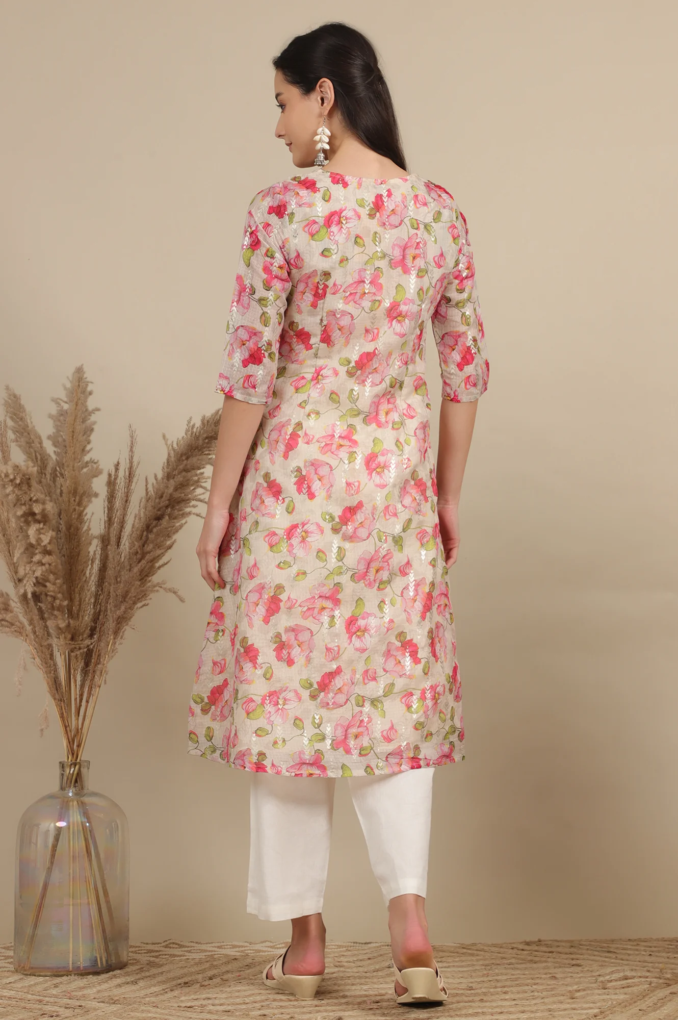 Beige Digital and Foil Floral Printed Sheer A-line Kota Kurta - Image 6
