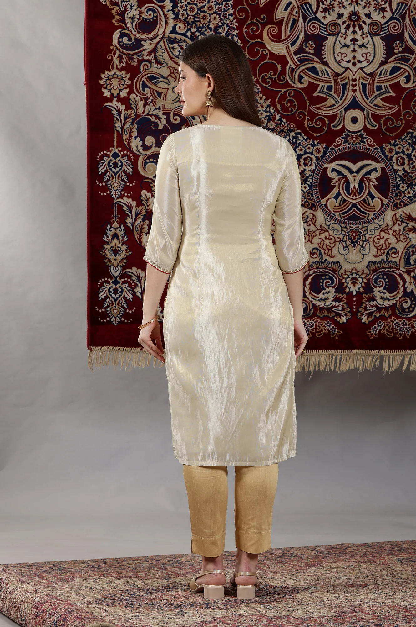 Beige Dori Embroidered Yoke Straight Festive Kurta - Image 5