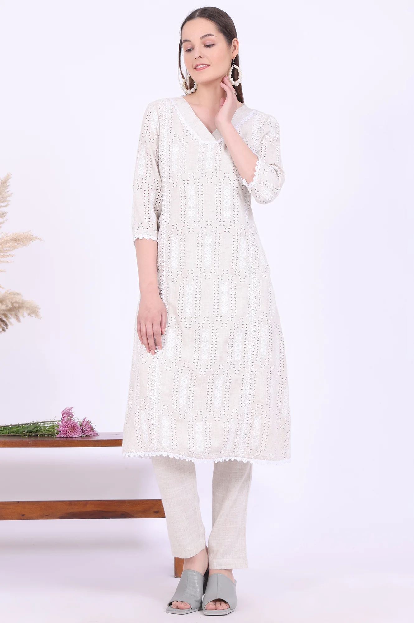 Beige Embroidered A-Line Kurta & Trousers Set - Image 3