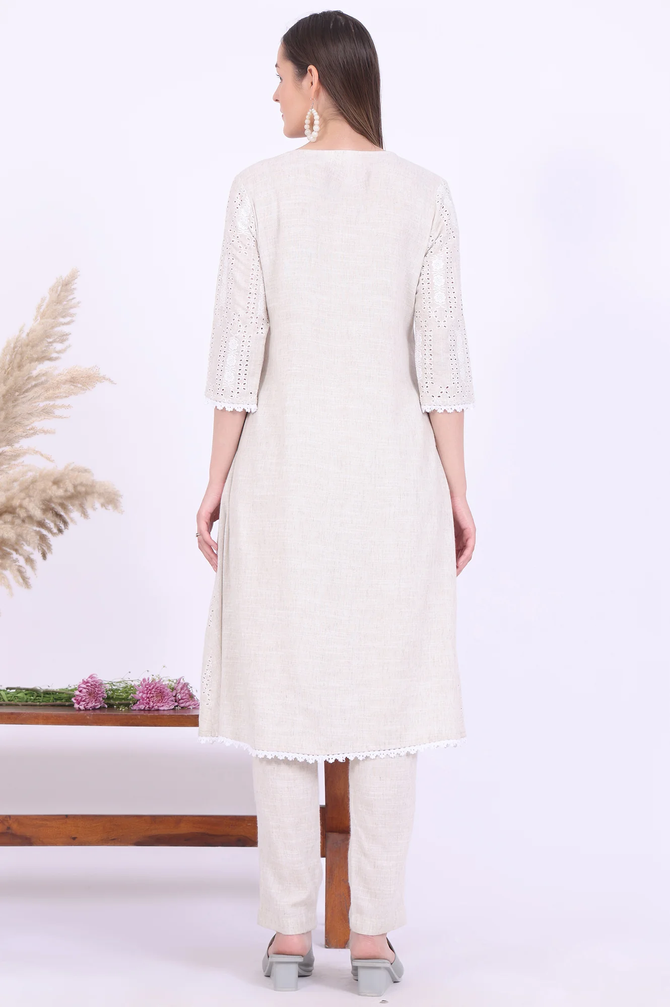 Beige Embroidered A-Line Kurta & Trousers Set - Image 6