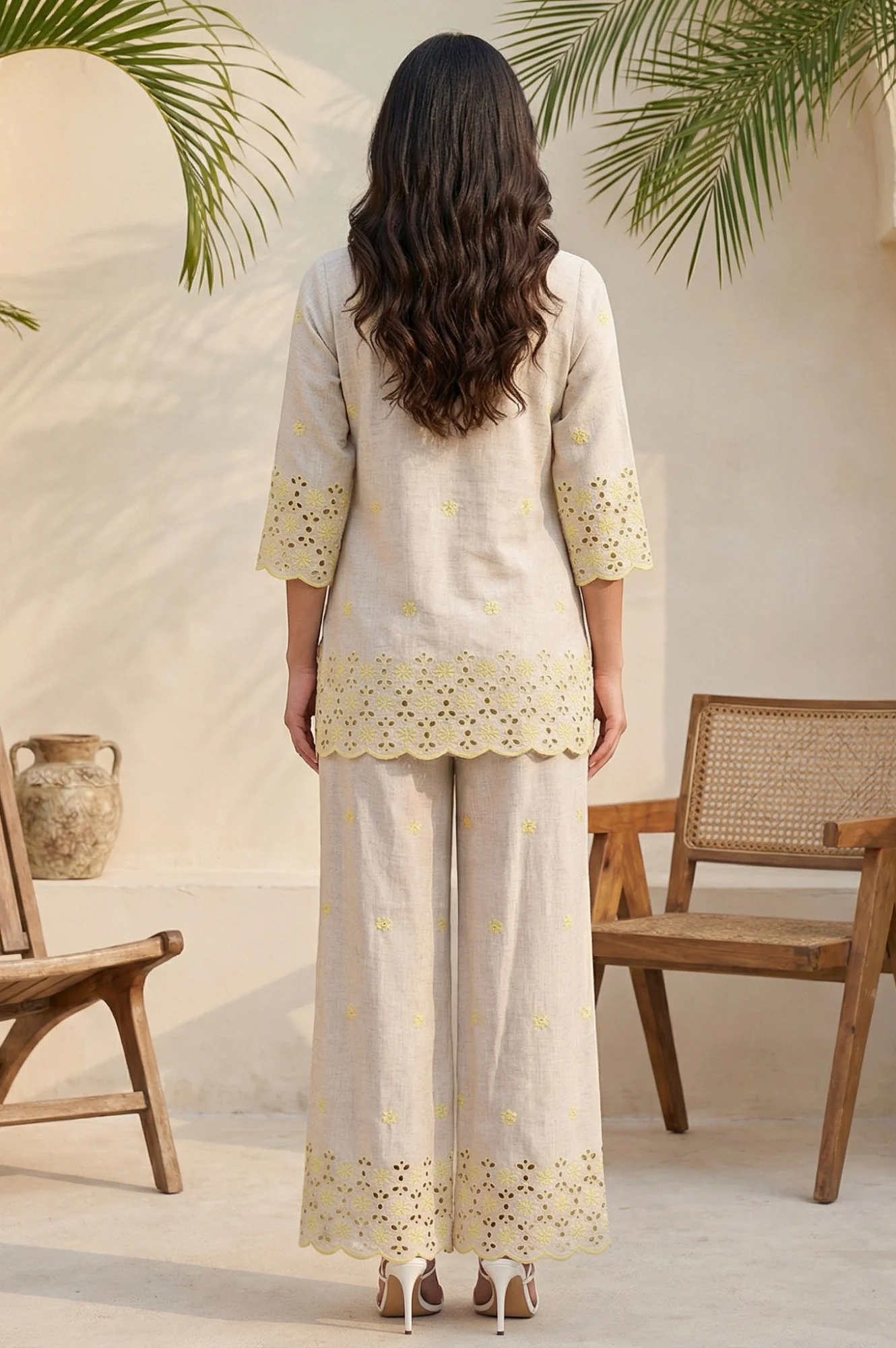 Beige Embroidered Straight Shirt and Palazzo Co-ord Set - Image 5