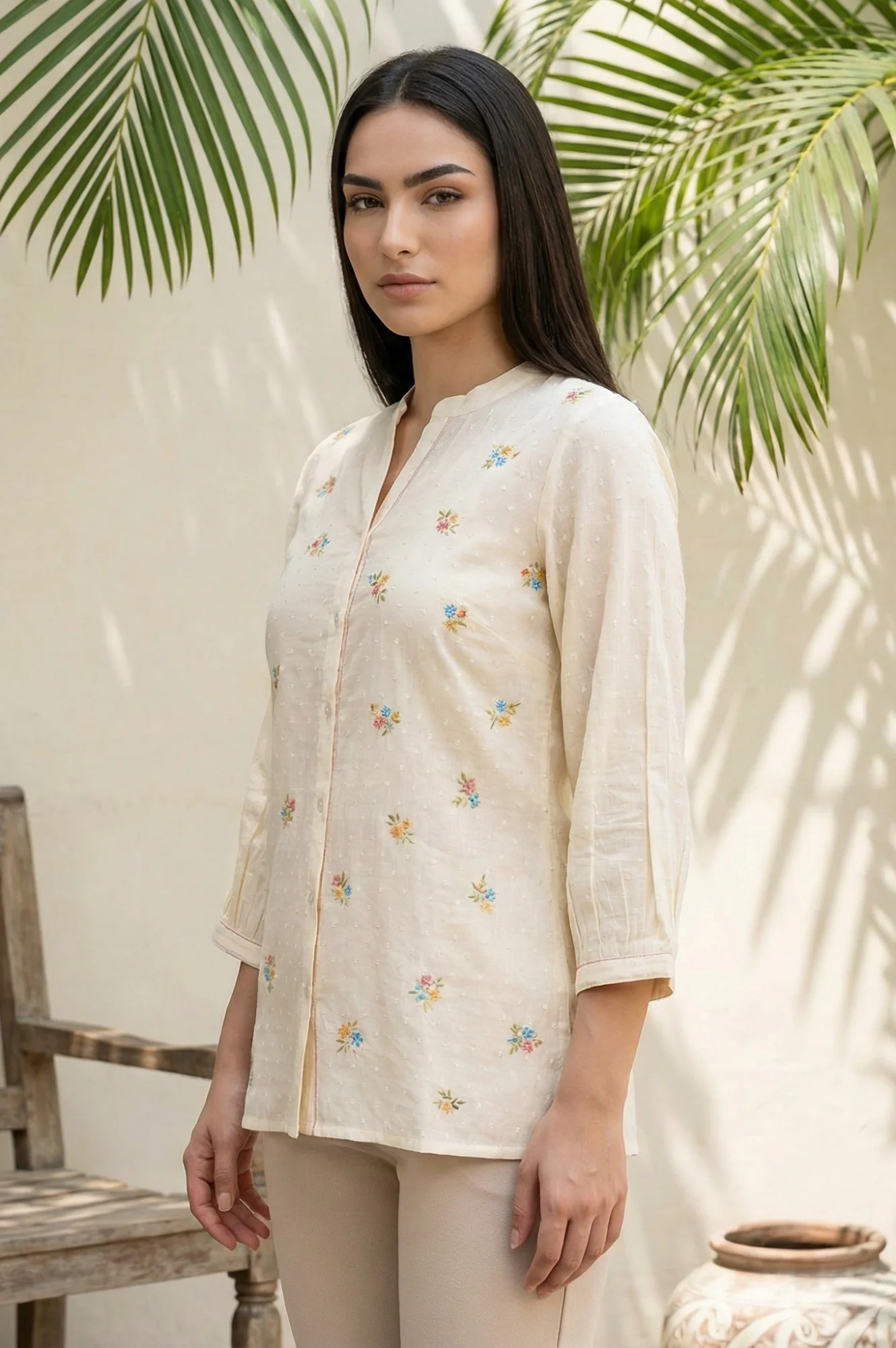 Beige Thread Embroidered Pure Cotton Straight Kurti - Image 3