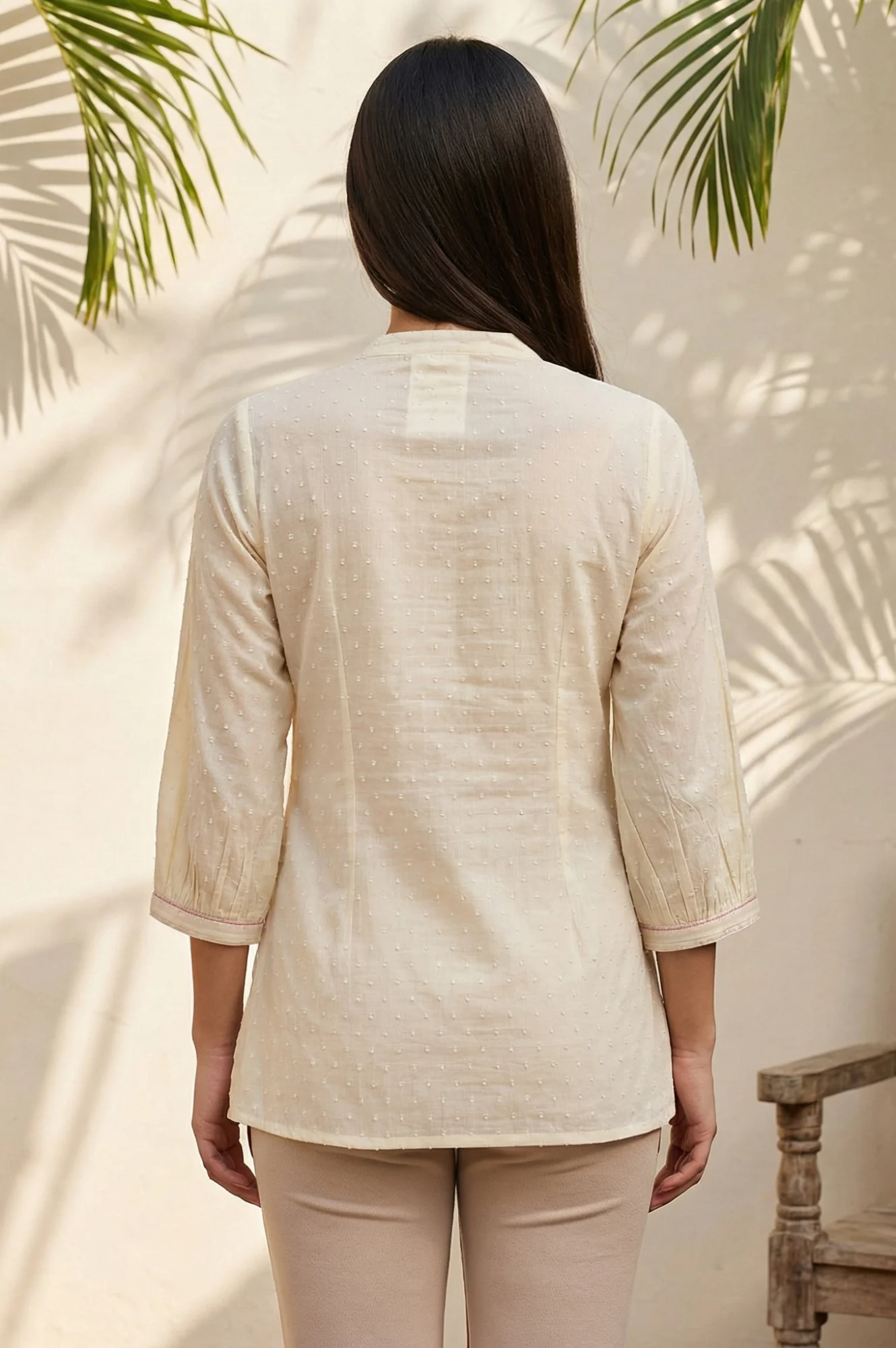 Beige Thread Embroidered Pure Cotton Straight Kurti - Image 4
