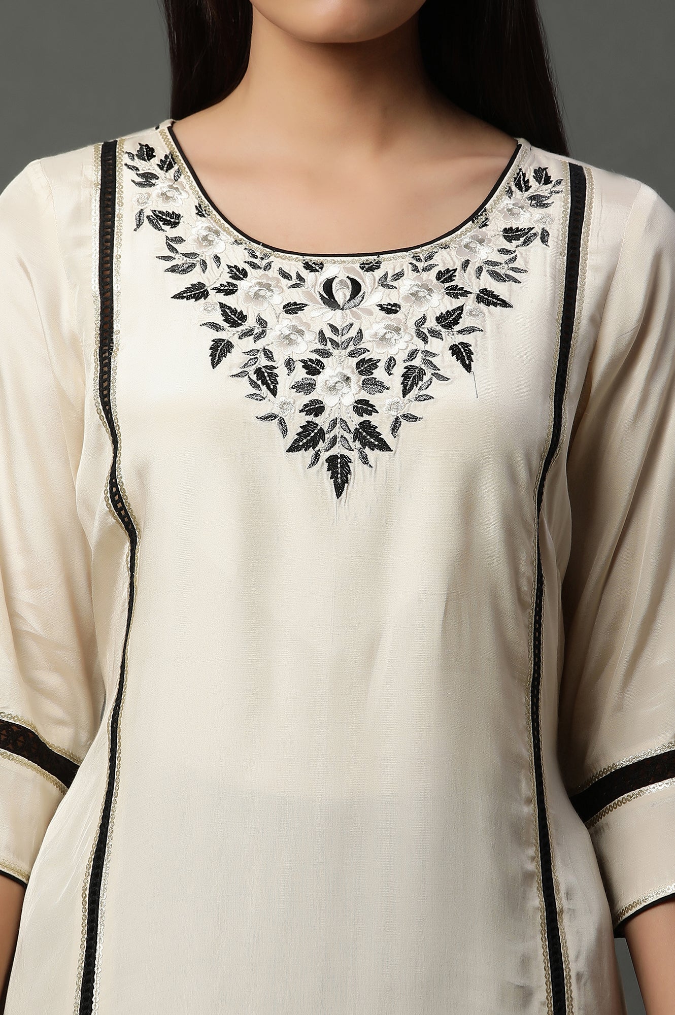 Beige Embroidered Thread Work Rayon Straight Kurta and Trouser Set - Image 2