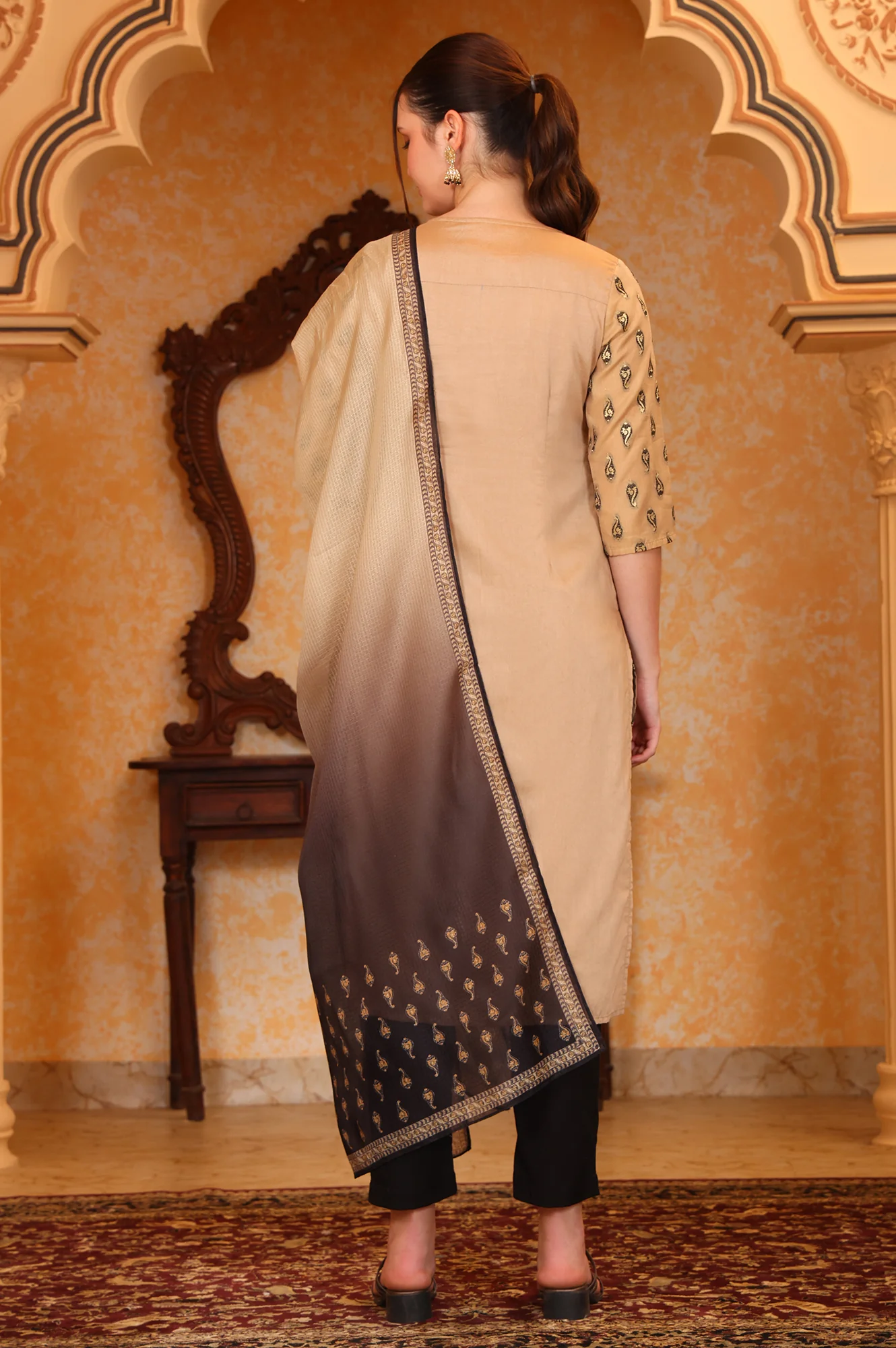 Beige Ethnic Motifs Beads Embellished Straight Jacquard Kurta, Trouser and Dupatta Set - Image 5