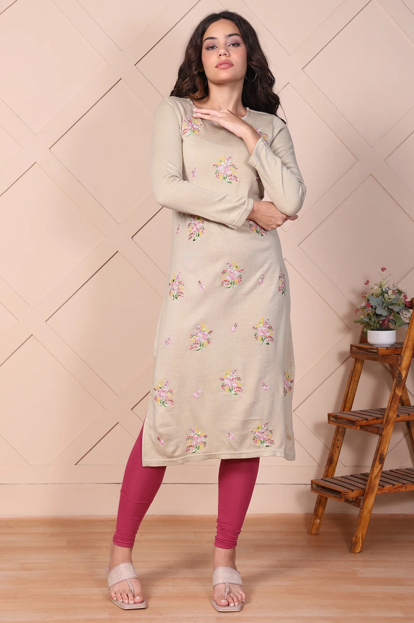 Beige Floral Embroidered Straight Acrylic Kurta - Image 2