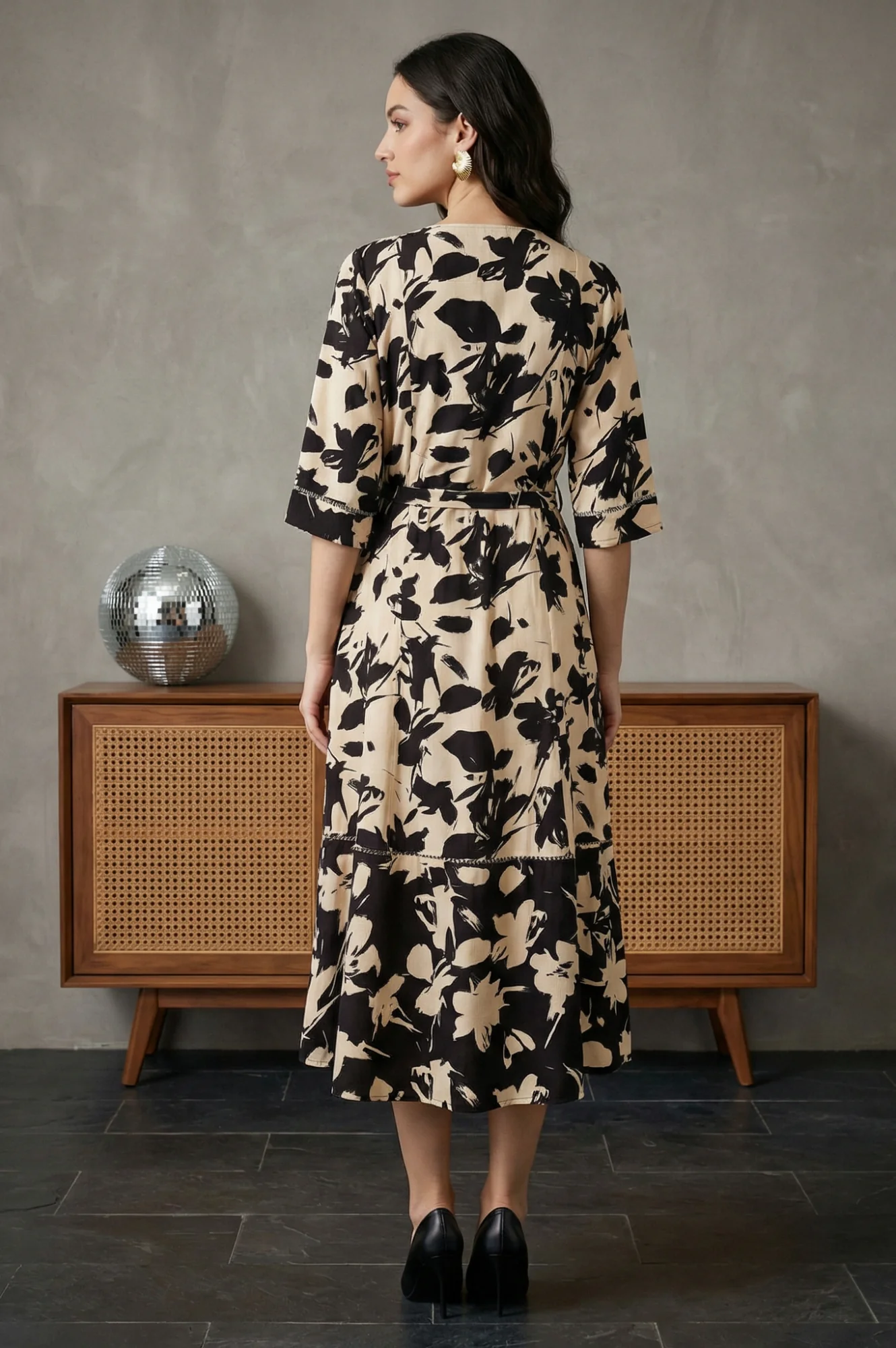 Beige Floral Printed Flared Western Dress - Image 5