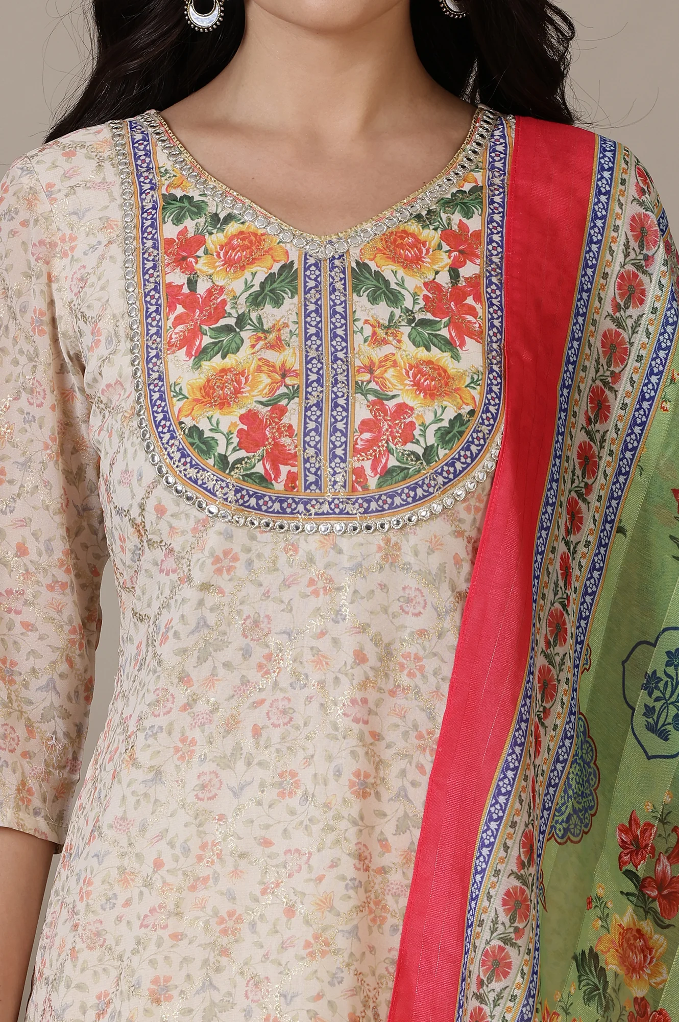 Beige Floral Printed Mirrir Work Short Kurta and Sharara Set with Dupatta - Image 3