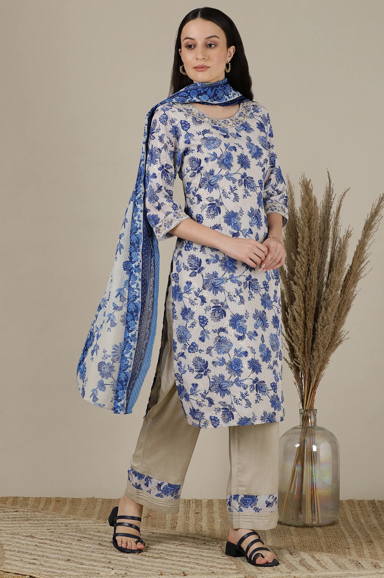 Beige Floral Printed Sequined Kota Straight Kurta, Palazzo and Dupatta Set - Image 2