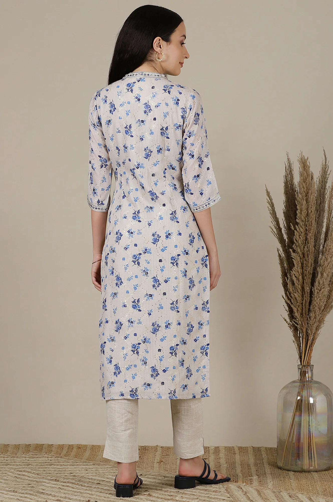 Beige Floral Printed with Zari work Straight Kota Kurta - Image 6