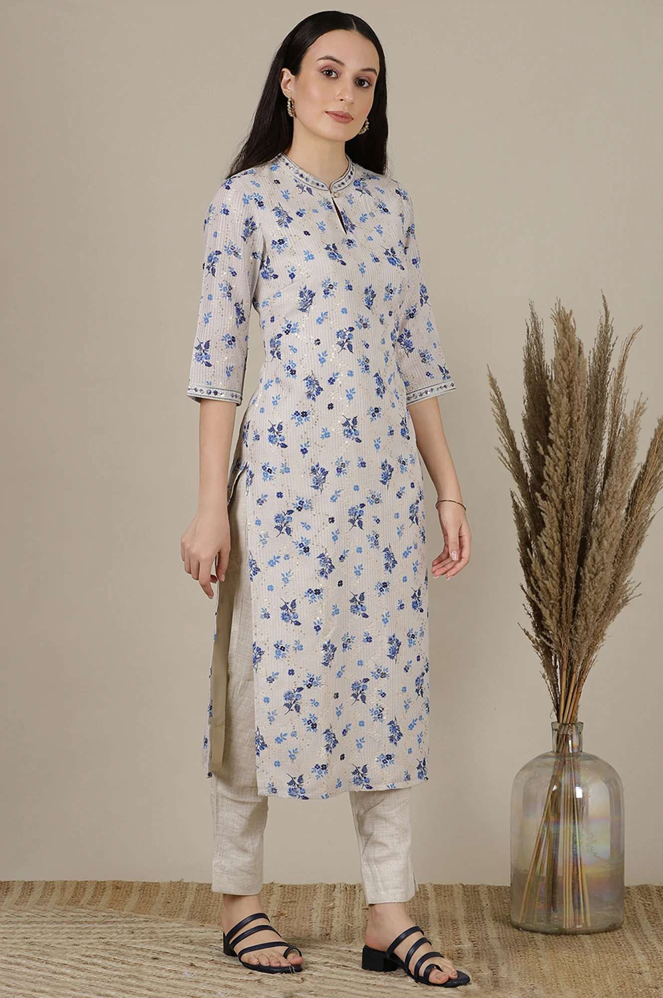 Beige Floral Zari Straight Kota Kurta - Image 6