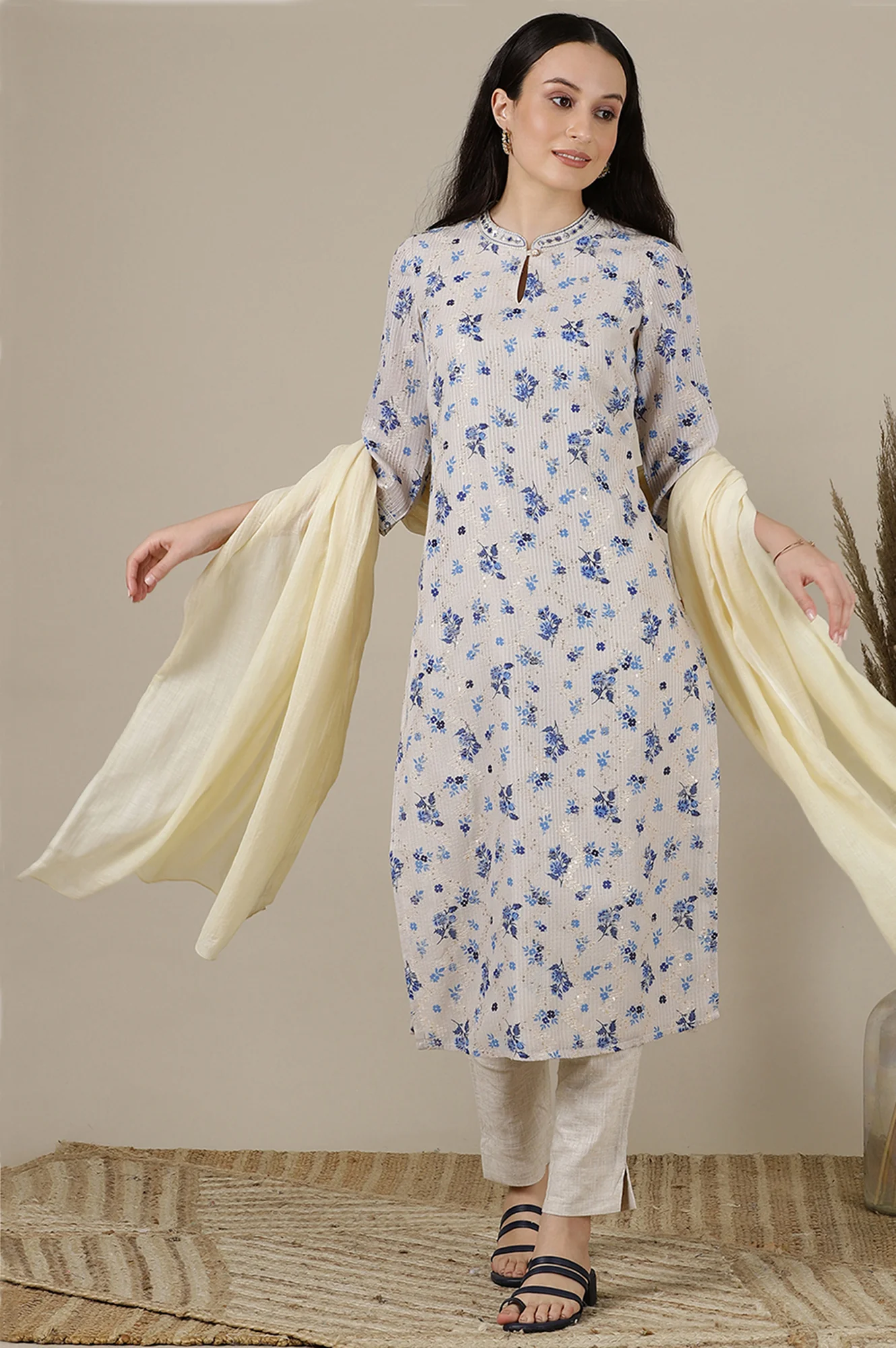 Beige Floral Zari Straight Kota Kurta - Image 7