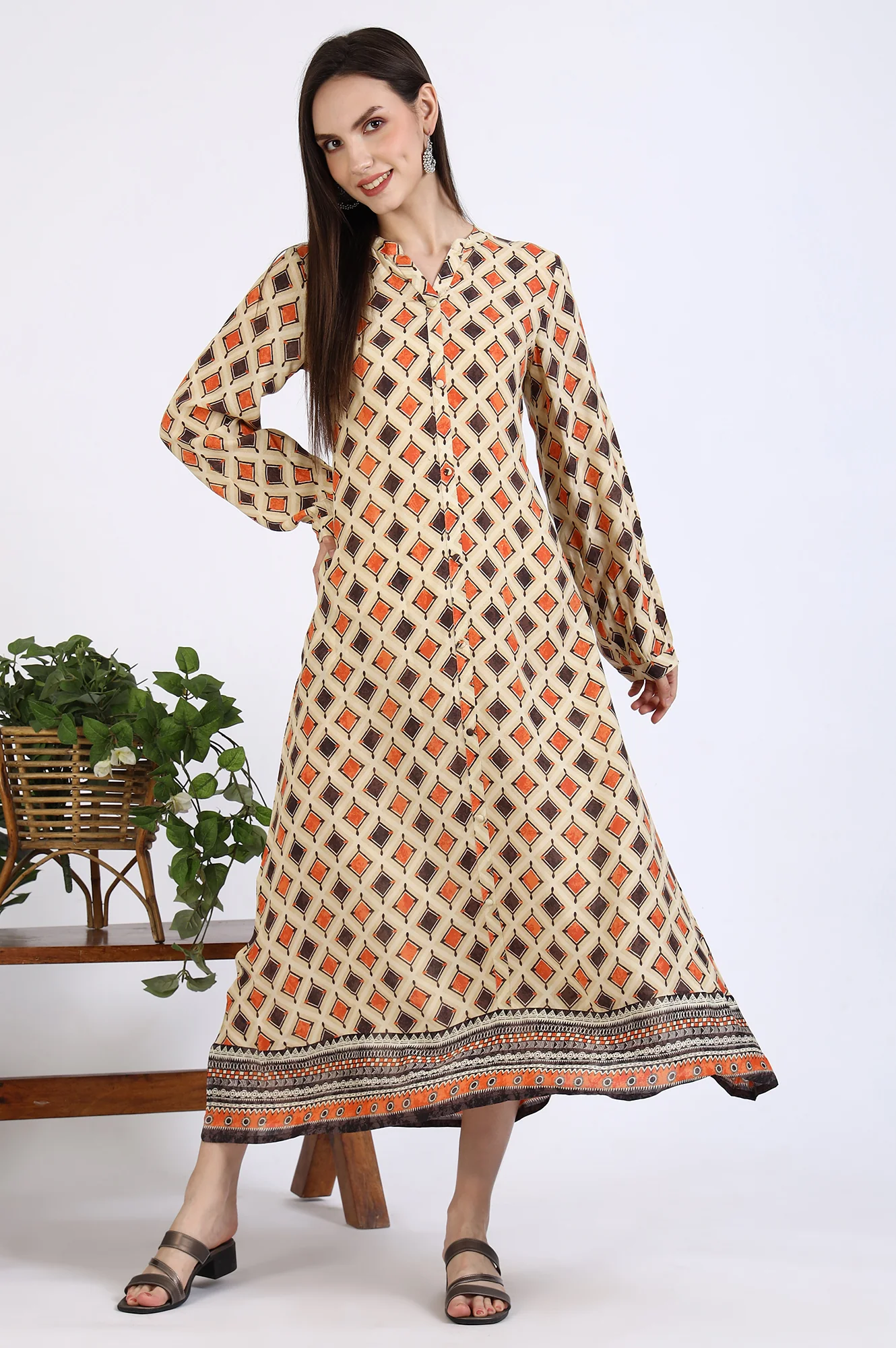 Beige Geometric Printed Modal Flared Dress - Image 2