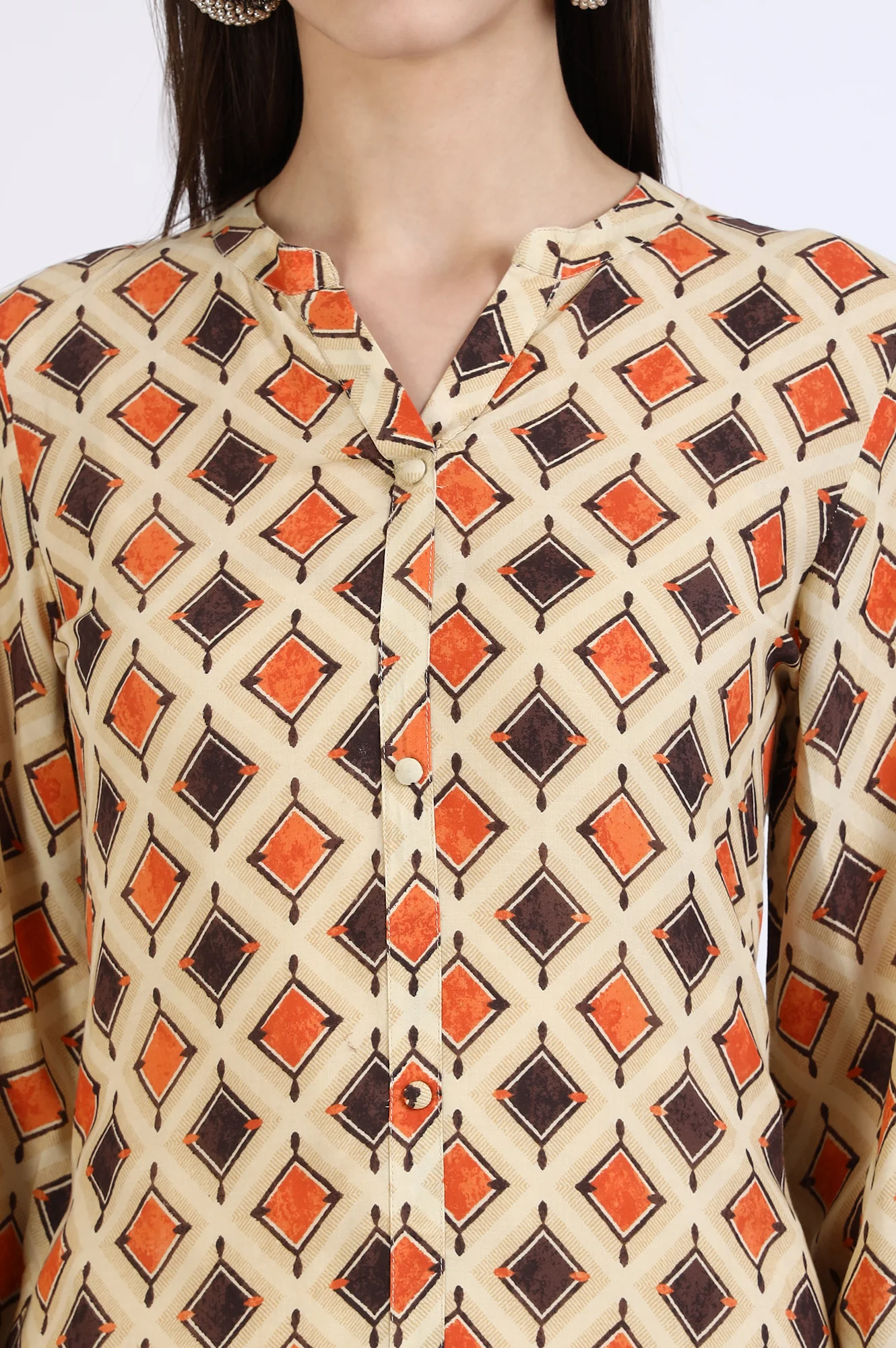 Beige Geometric Printed Modal Flared Dress - Image 4