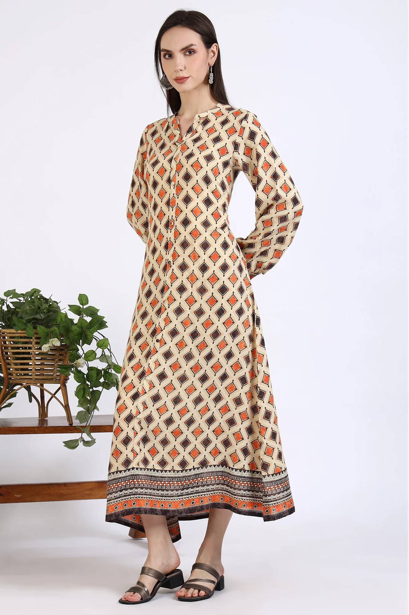 Beige Geometric Printed Modal Flared Dress - Image 5