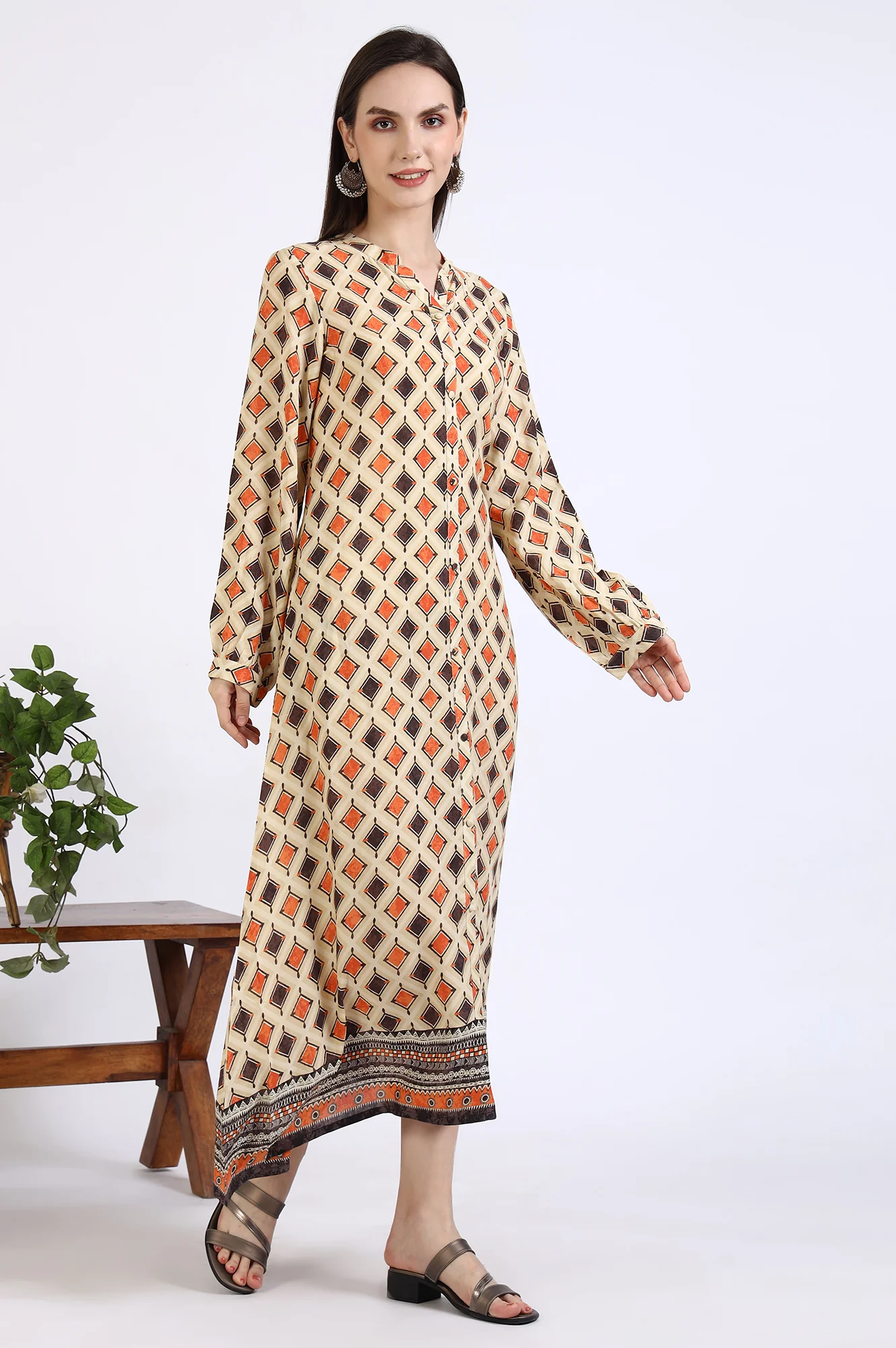 Beige Geometric Printed Modal Flared Dress - Image 7