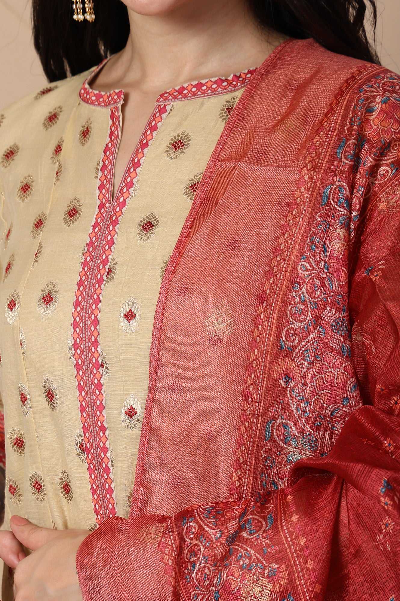 Beige Jacquard A-Line Kurta with Palazzo and Dupatta Set - Image 3