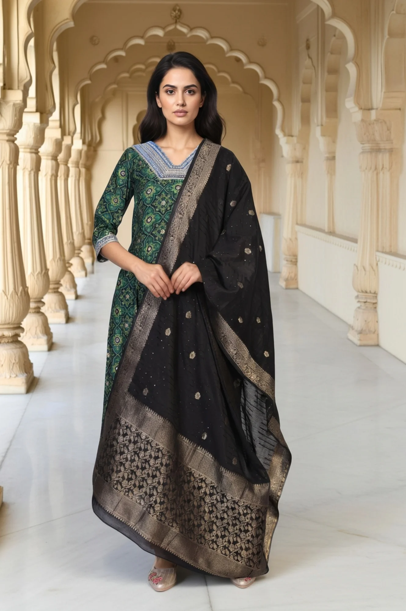 Beige Jacquard Floral Print Zari Work Straight Dupatta - Image 2