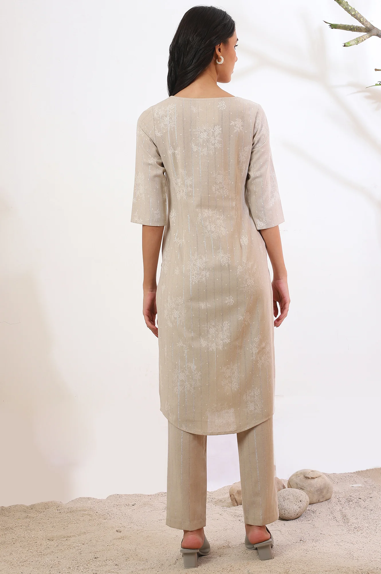 Beige Printed Cotton Blend Straight Kurta & Trousers Set - Image 6