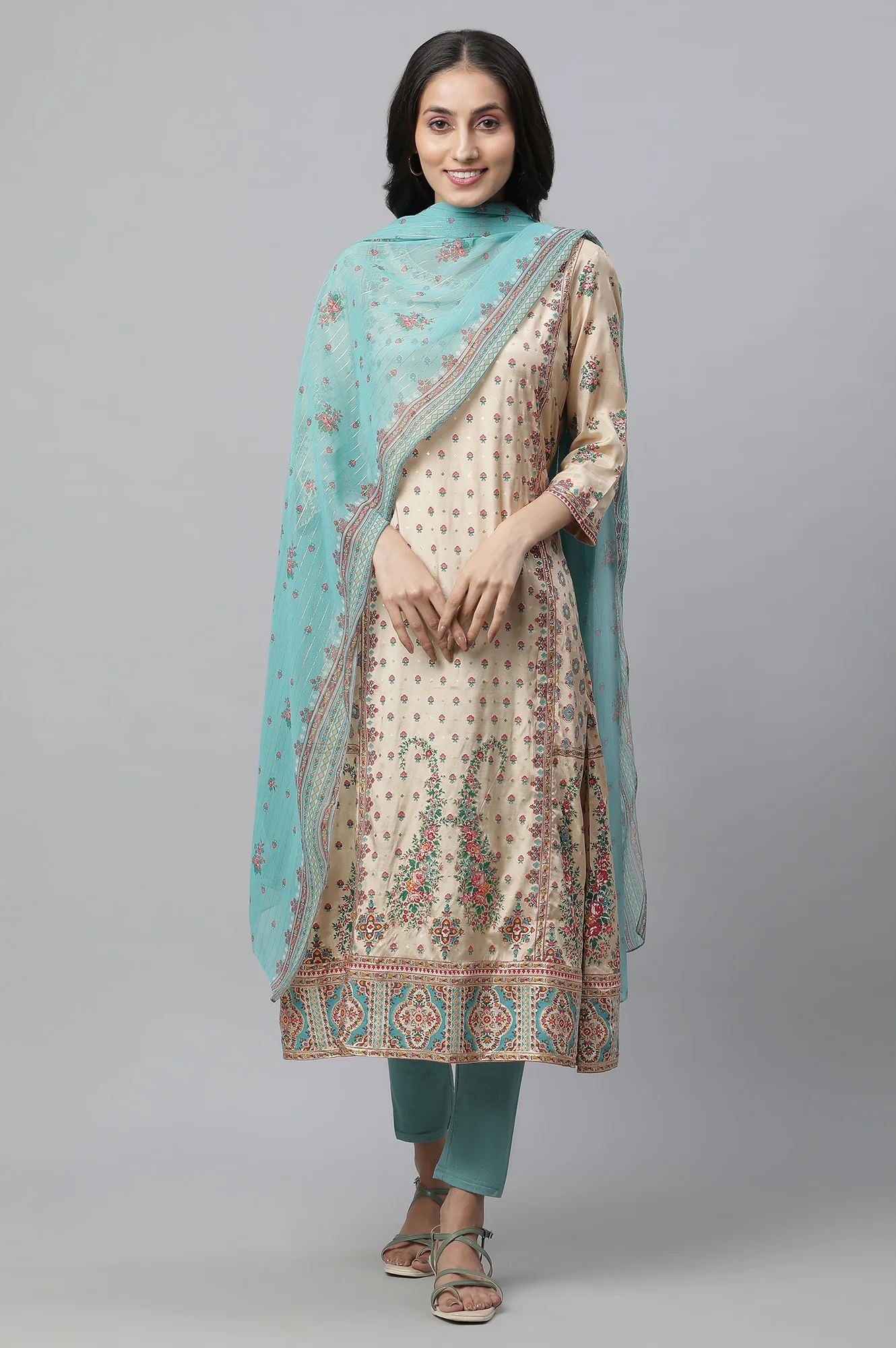 Beige Printed Festive Kurta, Tights and Dupatta Set - Image 2