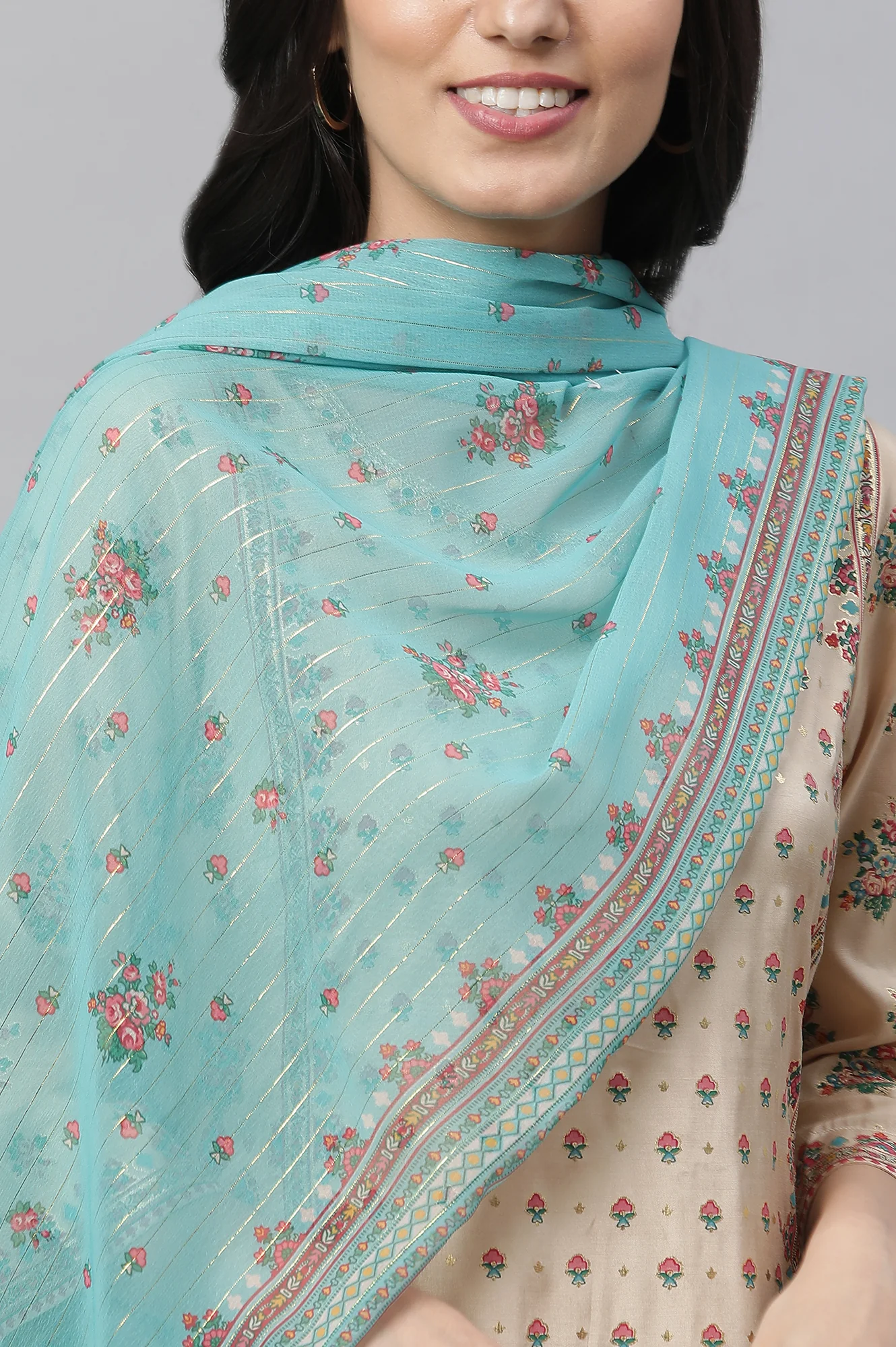 Beige Printed Festive Kurta, Tights and Dupatta Set - Image 7