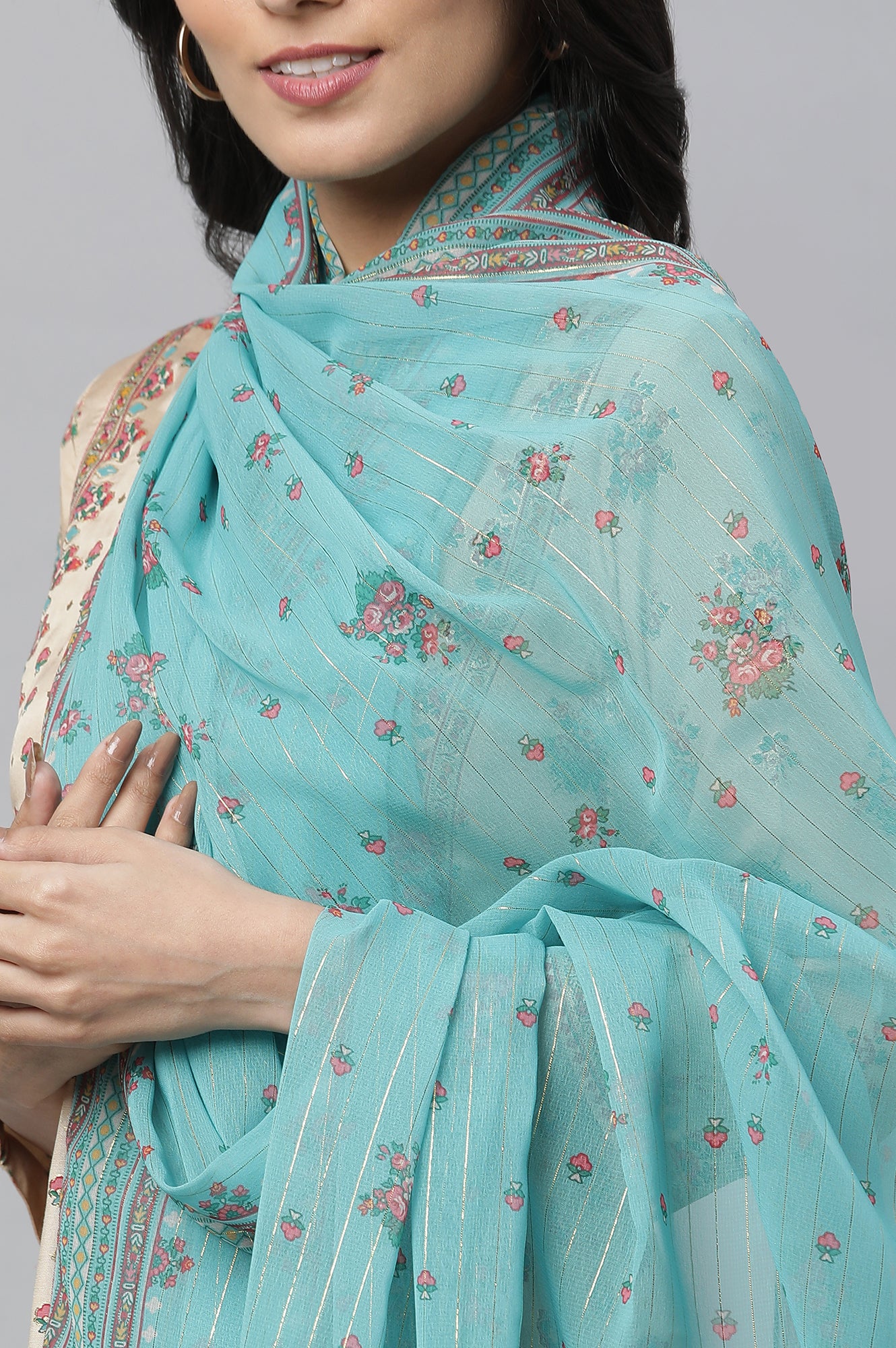 Beige Printed Festive Kurta, Tights and Dupatta Set - Image 9