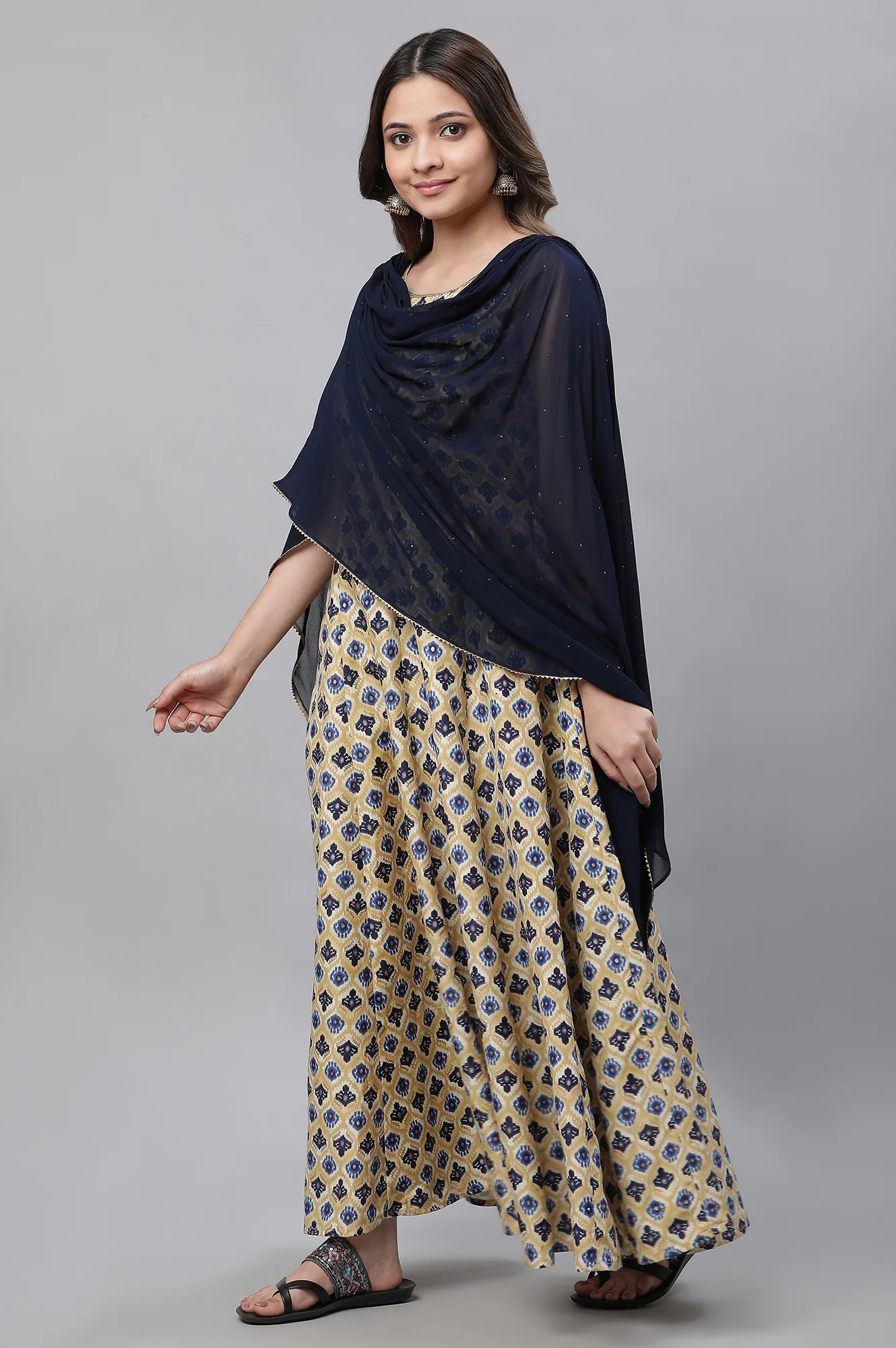 Beige Printed Flared Dress with Attached Dupatta - Image 2