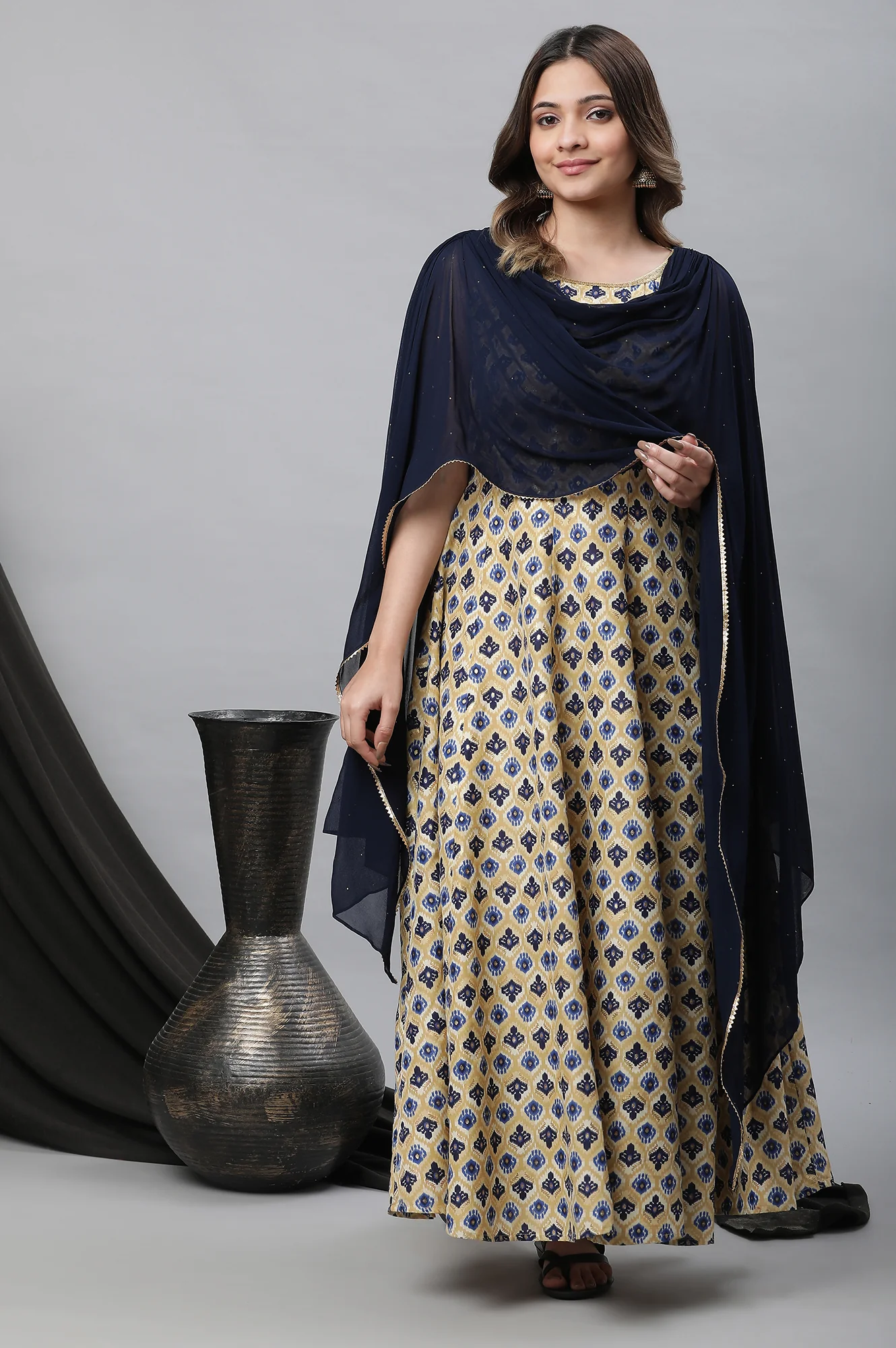 Beige Printed Flared Dress with Attached Dupatta - Image 5