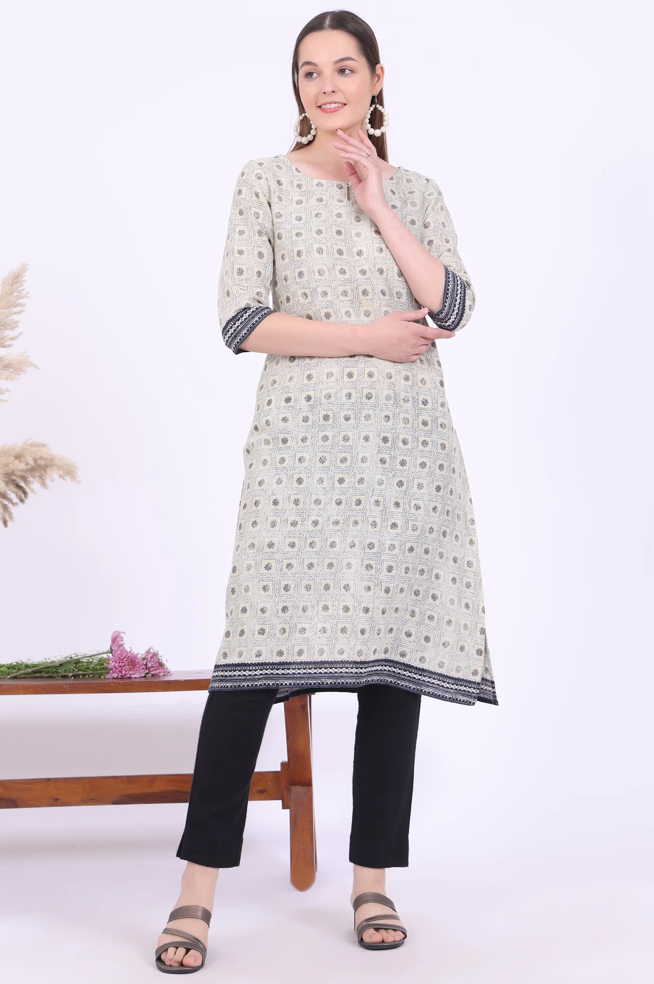Beige Printed Straight Modal Kurta - Image 2