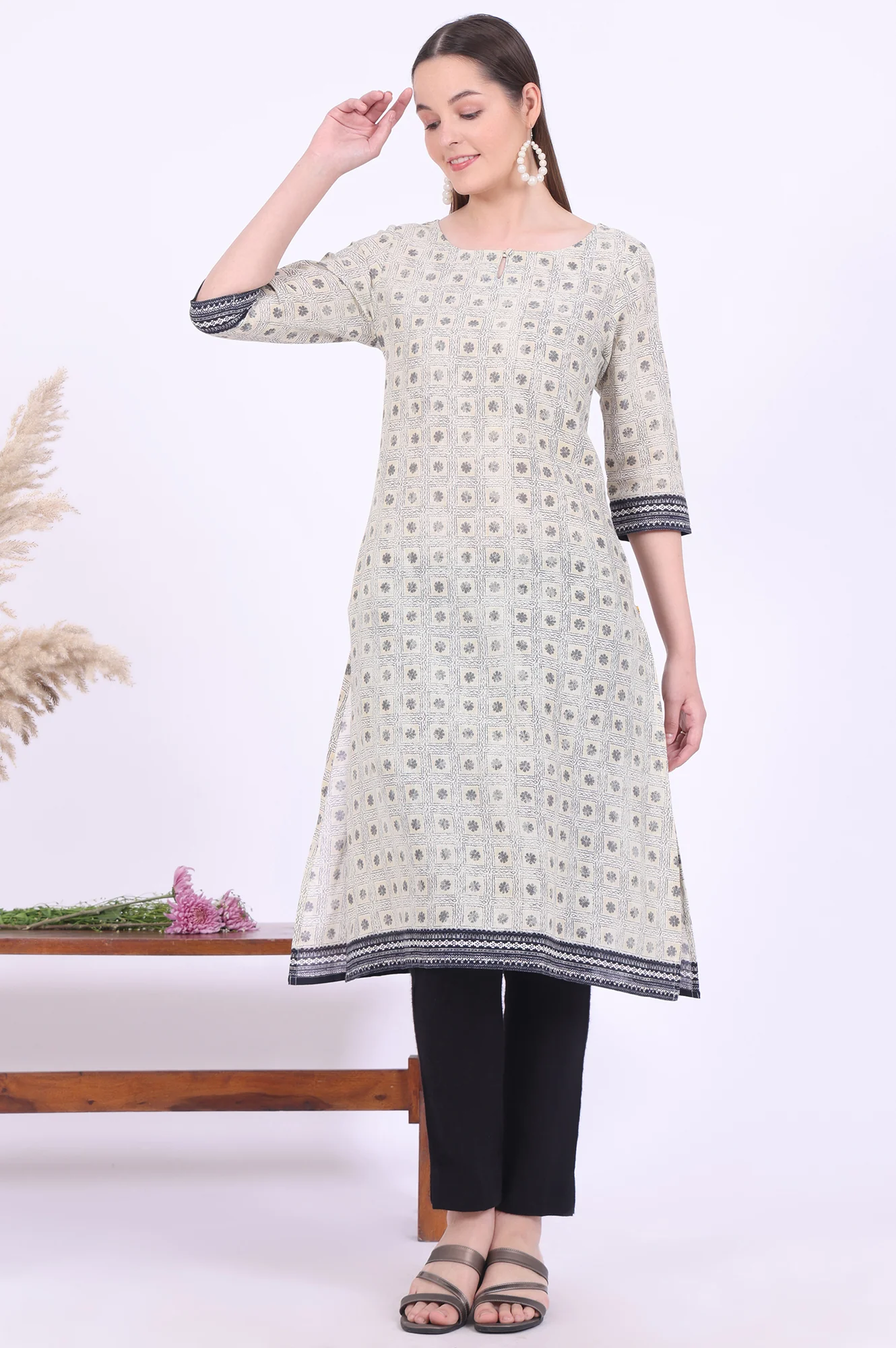 Beige Printed Straight Modal Kurta - Image 3