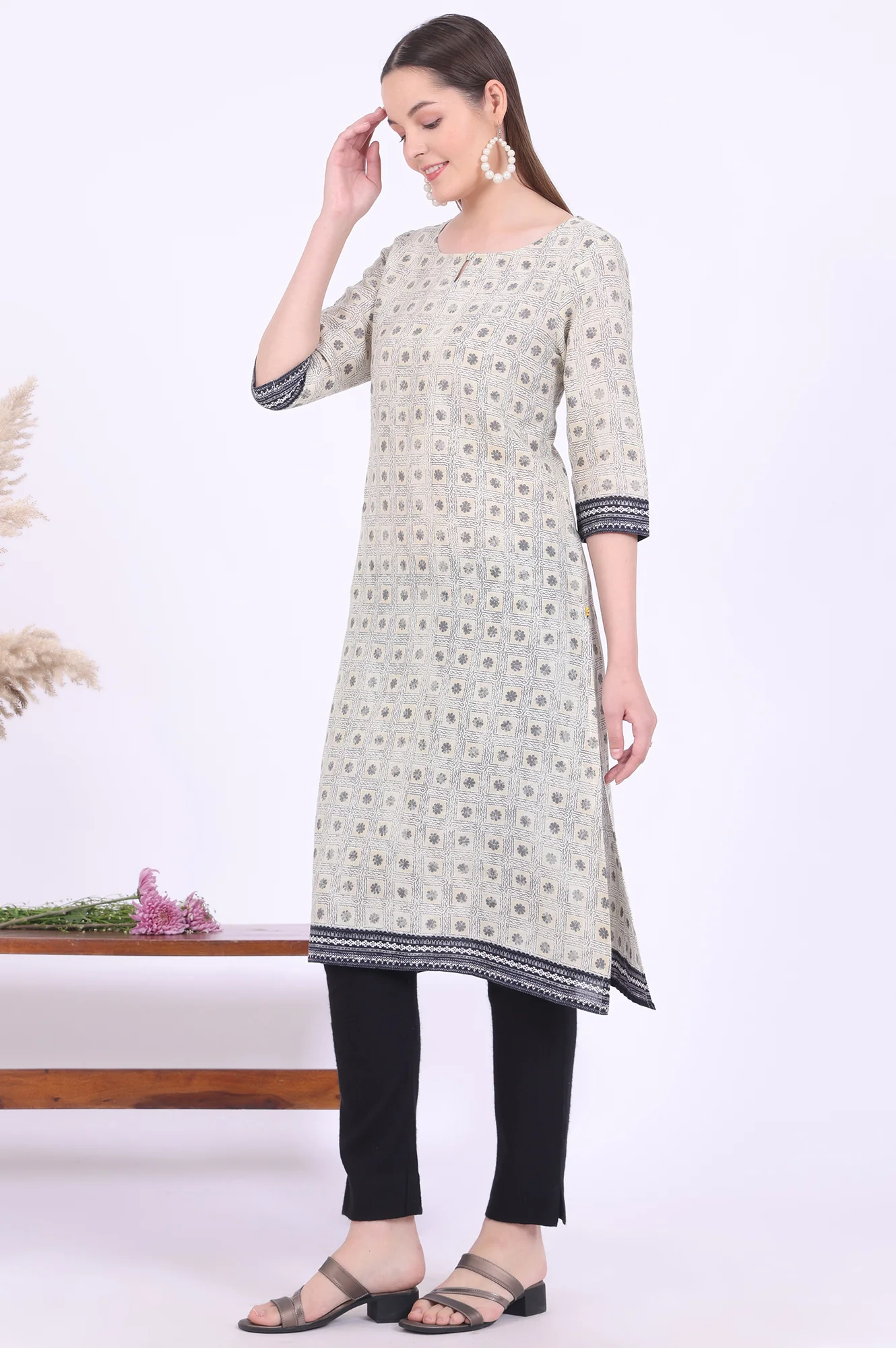 Beige Printed Straight Modal Kurta - Image 5