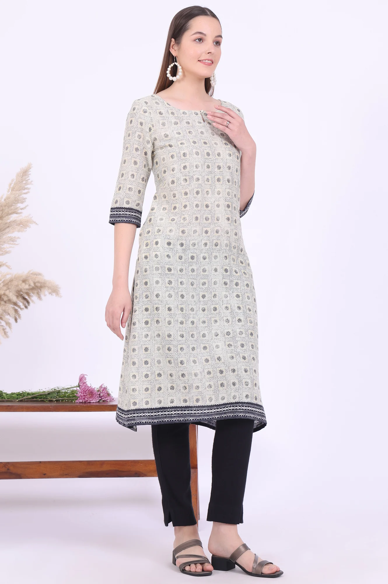 Beige Printed Straight Modal Kurta - Image 7
